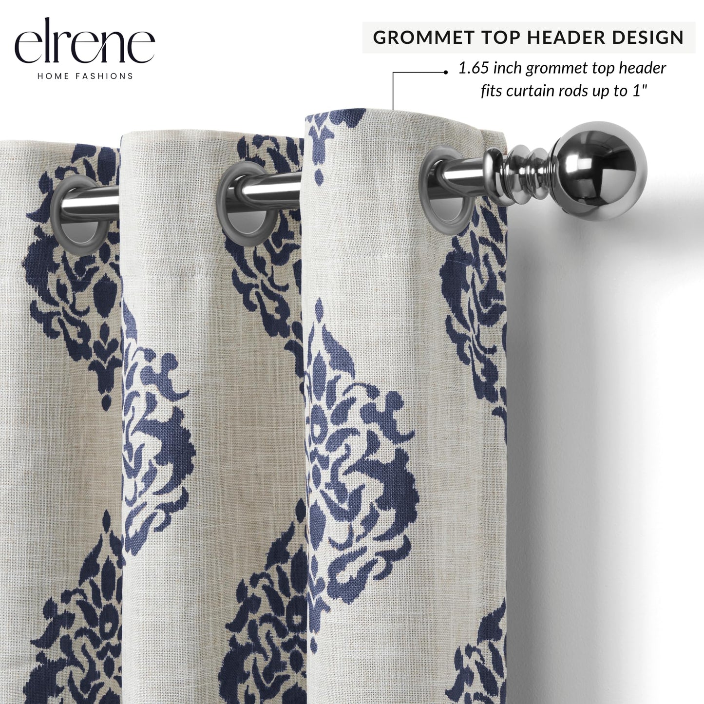 Elrene Home Fashions Navara Medallion Room-Darkening Window Curtain, Single Panel, 52" x 84" (1 Panel), Navy