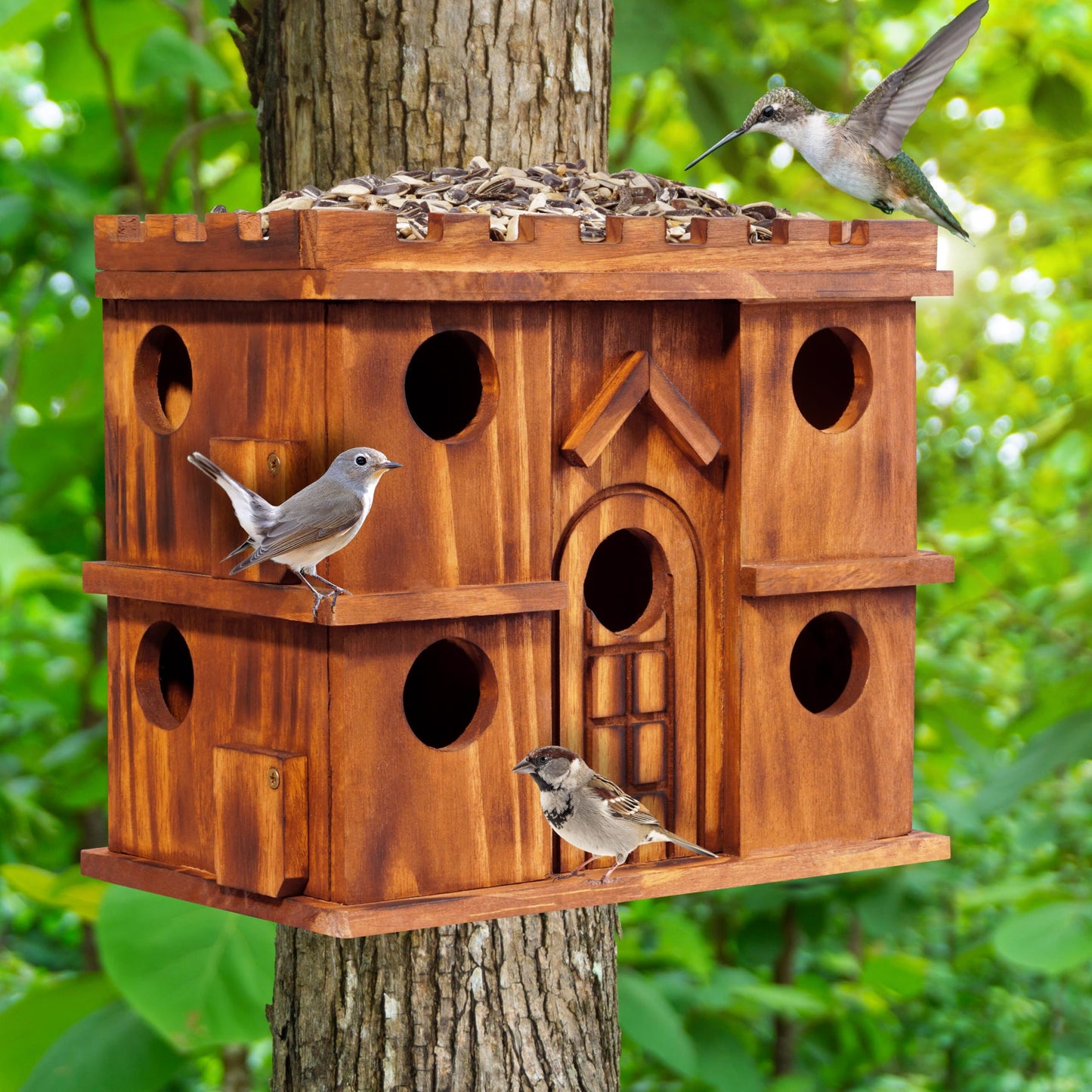 MIXUMON Wooden Bird Houses for Outside – 9 Rooms Large Bird House, Carbonized Pine Rustic Finish, 1.5" Entrance Holes, Cleaning Doors, Outdoor Birdhouse Nesting Box (Rustic, 9 Rooms)