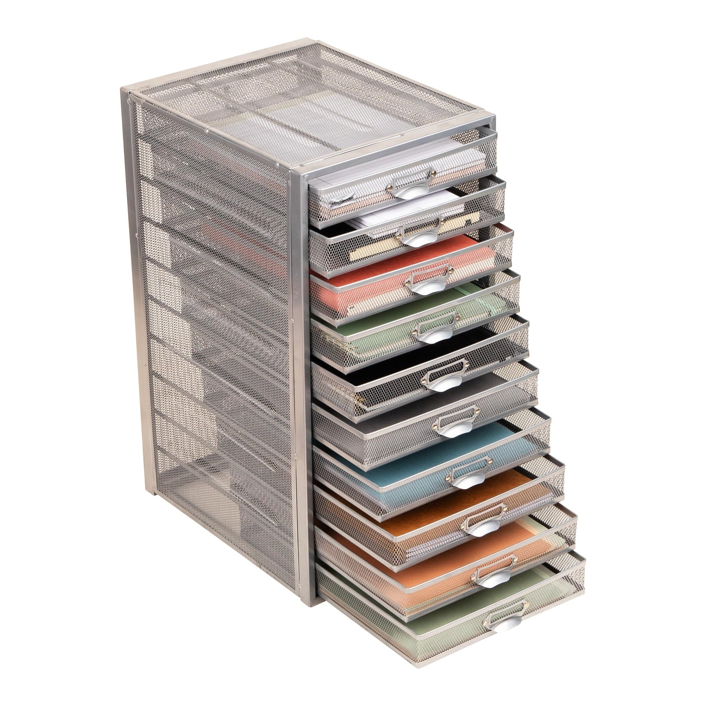 Mind Reader 10-Drawer Desk Organizer for Office Supplies, Crafts, Mail Sorting & More, Metal Mesh, 10.75"L x 14"W x 21.25"H, Silver