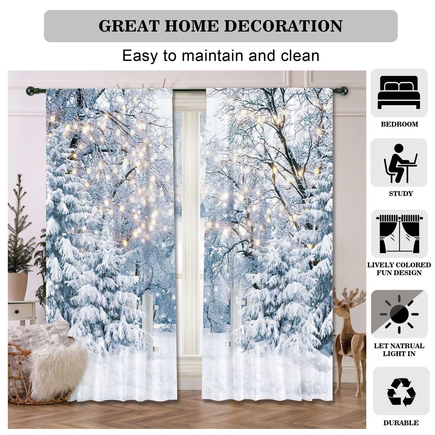 Felortte 82" Wx 84" L Winter Scene Window Curtain Blue Wonderland Snowflake Forest Landscape for Christmas Home Bedroom Living Room Decor Decorations with Fabric Machine Washable