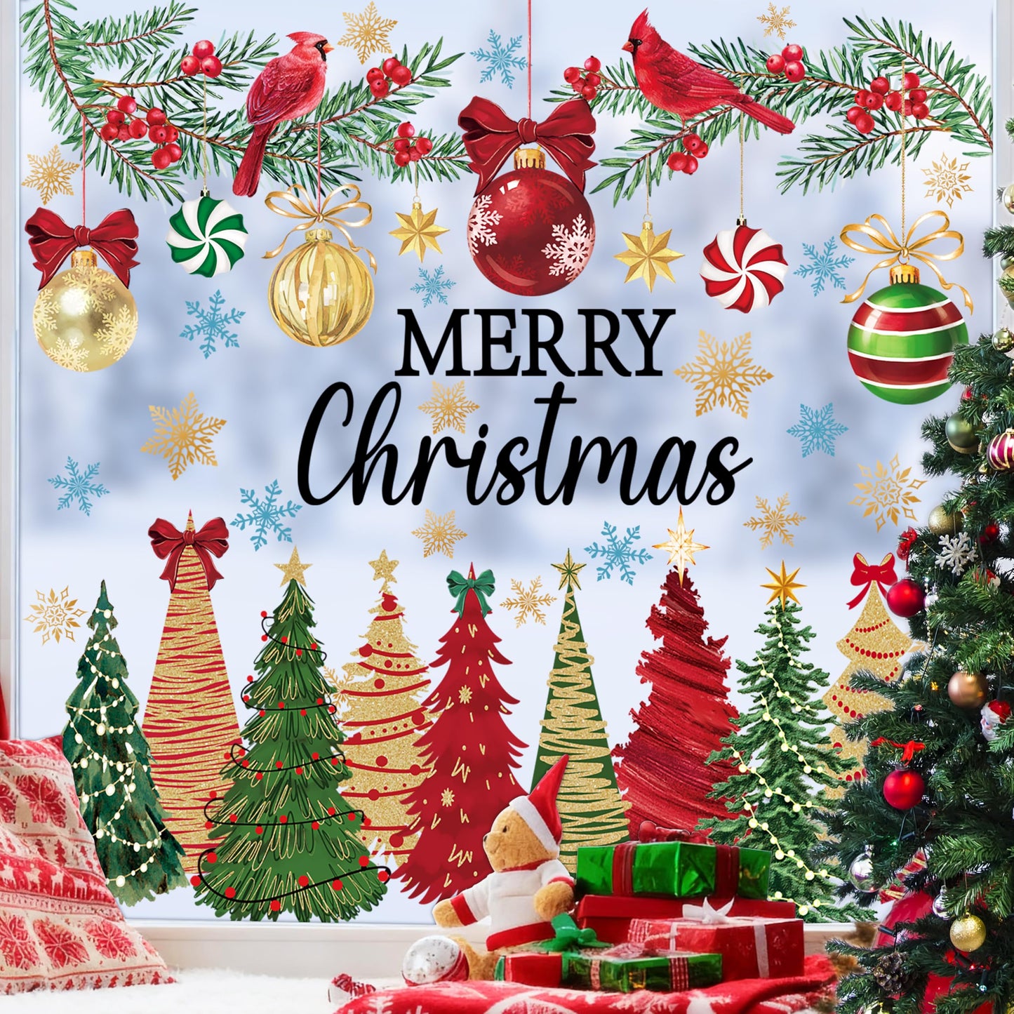 Feivando 8 Sheets Christmas Window Clings Stickers Winter Snowflake Merry Christmas Tree Xmas Window Decals for Holiday Party Home Office Shop Glass Display Decoration