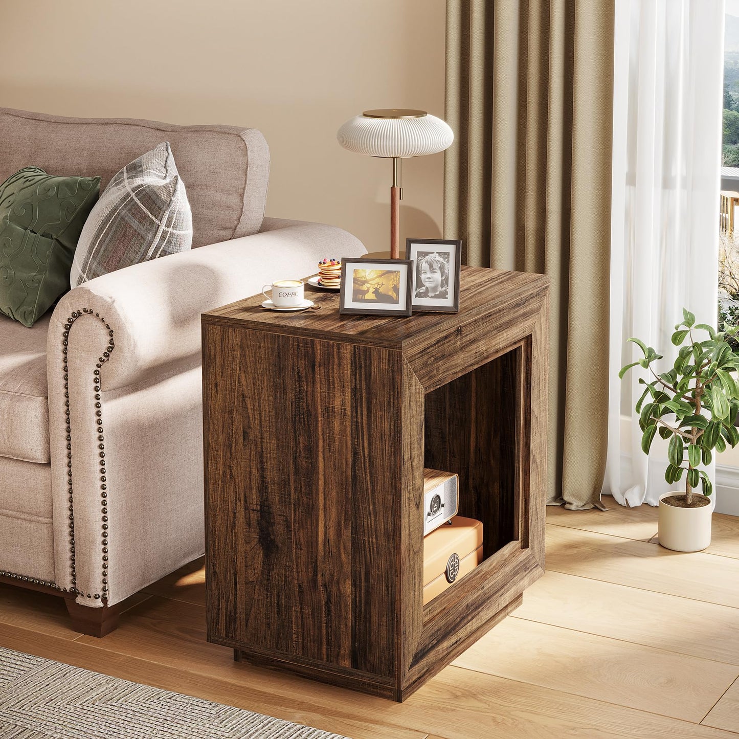 Tribesigns Rustic Wood End Table, 2 Tiered Square Side Table with Storage Shelf, Industrial Sofa Side Table for Living Room, Entrance (Rustic Brown) (1)