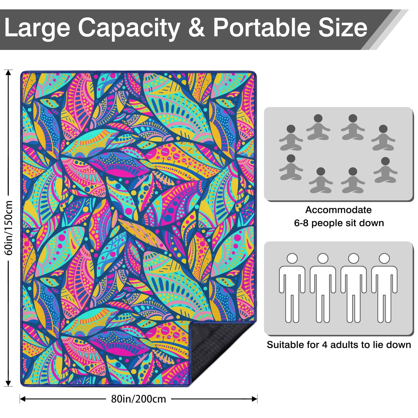 Fefede Waterproof Picnic Blankets Foldable & Portable 60''x80'' Boho Picnic Mat for Outdoors, Large Washable Picnic Blanket for Travel Camping Beach, Park Grass Picnic Blanket Accessories for Adults