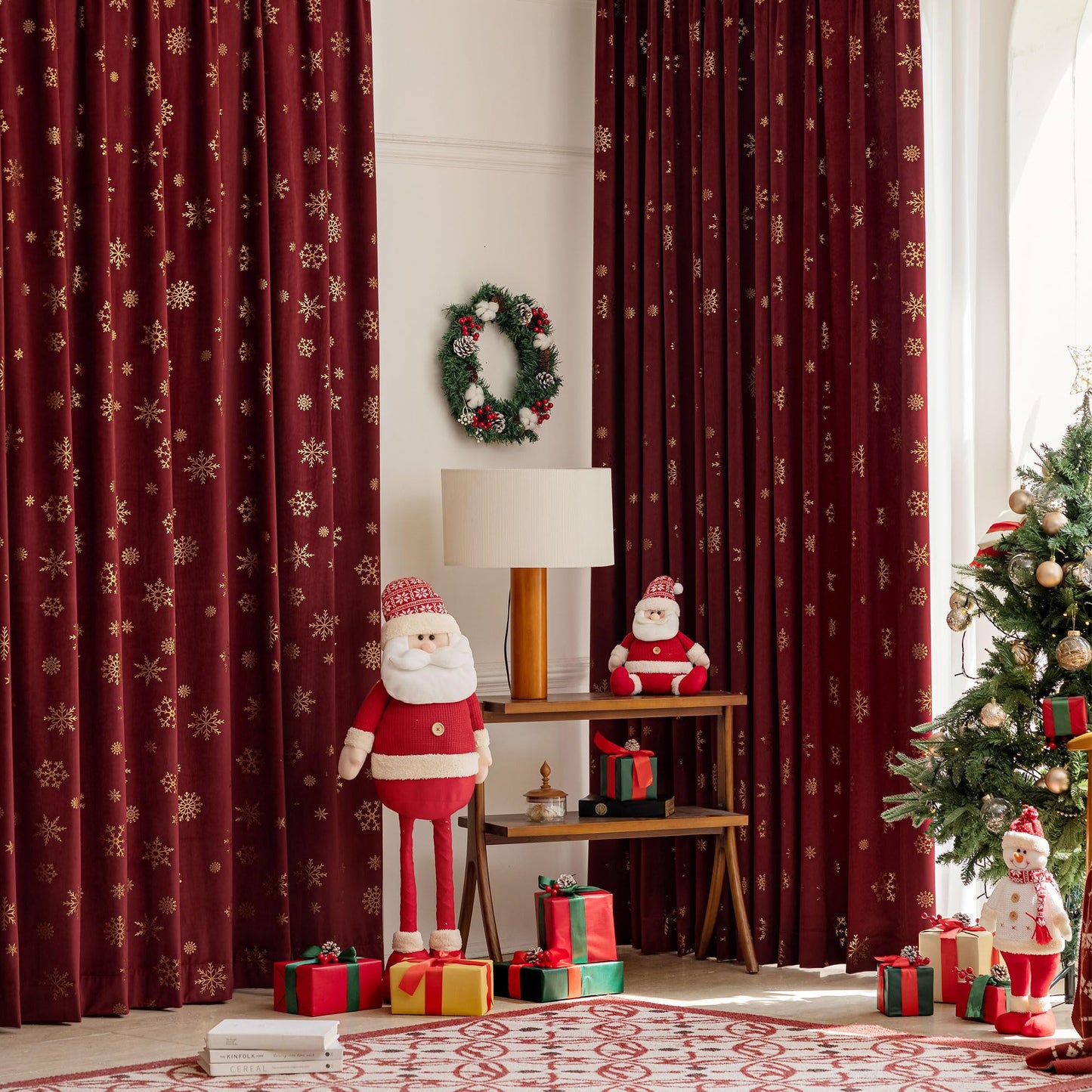 Beauoop Christmas Red Velvet Curtains 84 Inches Long 2 Panels for Bedroom Living Room Gold Snowflake Holiday Decor Burgundy Thermal Insulated Room Darkening Rod Pocket Window Treatments Drapes, 52X84