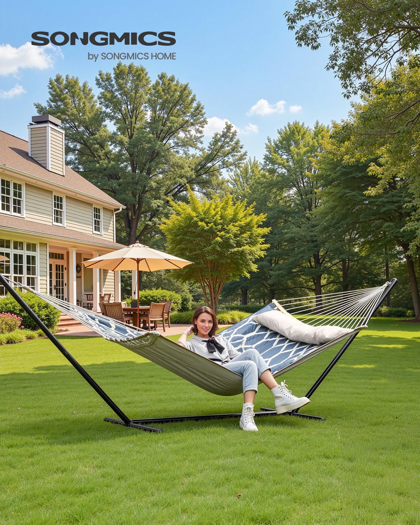 SONGMICS Hammock, Quilted Double Hammock with Padded Pillow, 78.7 x 55.1 Inches, 495 lb Weight Capacity, Portable for Outdoor Relaxation, Garden, Patio, and Camping, Blue UGDC034I02V1