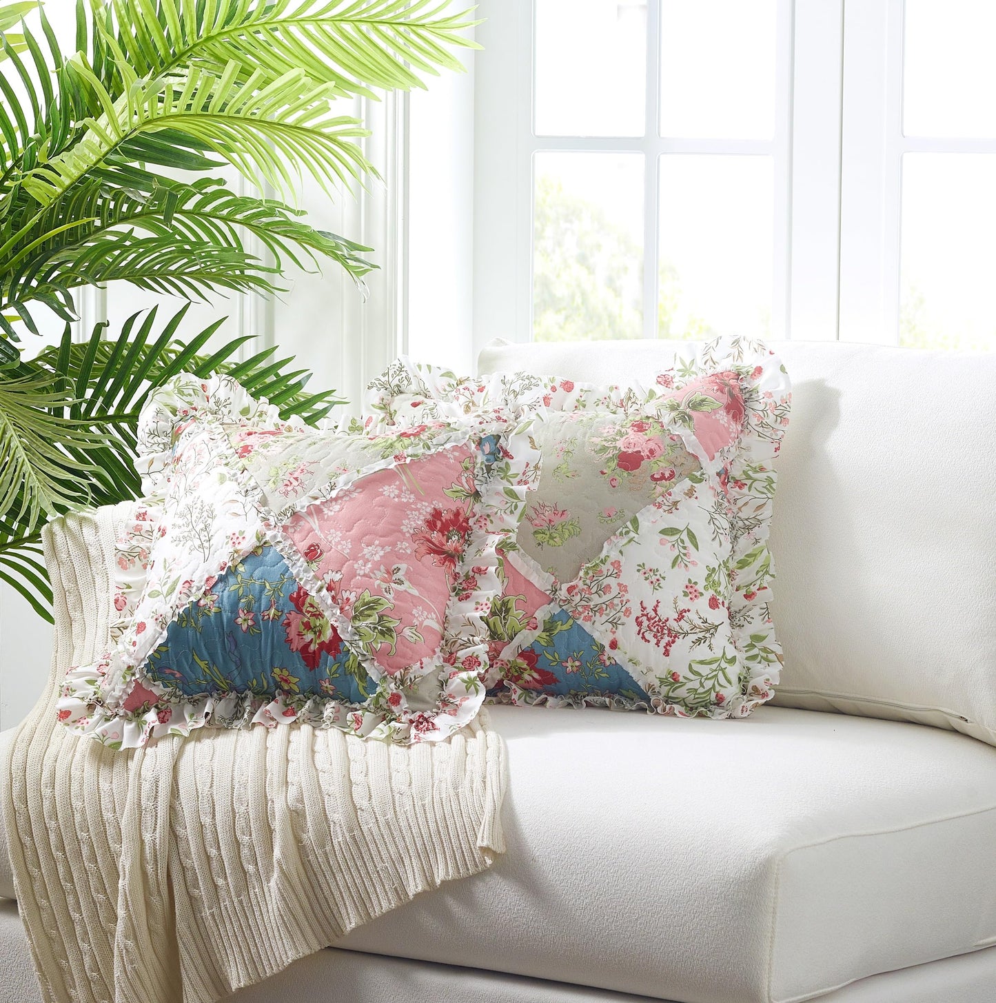 Brilliant Sunshine Peach and Olive Flowers Patchwork Ruffle Pillowshams, Quilted Decorative Pillow Covers Set, Square Throw Cushion Cases for Couch, Chair, Car, Bed, 18x18, Pack of 2, Peach Olive
