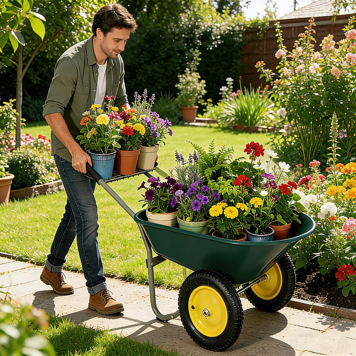 Ultym 2 Wheel Wheelbarrow, Dual-Wheel Garden Dump Cart with 13" Non-Slip Pneumatic Tires & Ergonomic Padded Handle, Heavy-Duty Home Utility Yard Cart Wagon with 4.5 Cu Ft Capacity for Lawn, Gardening