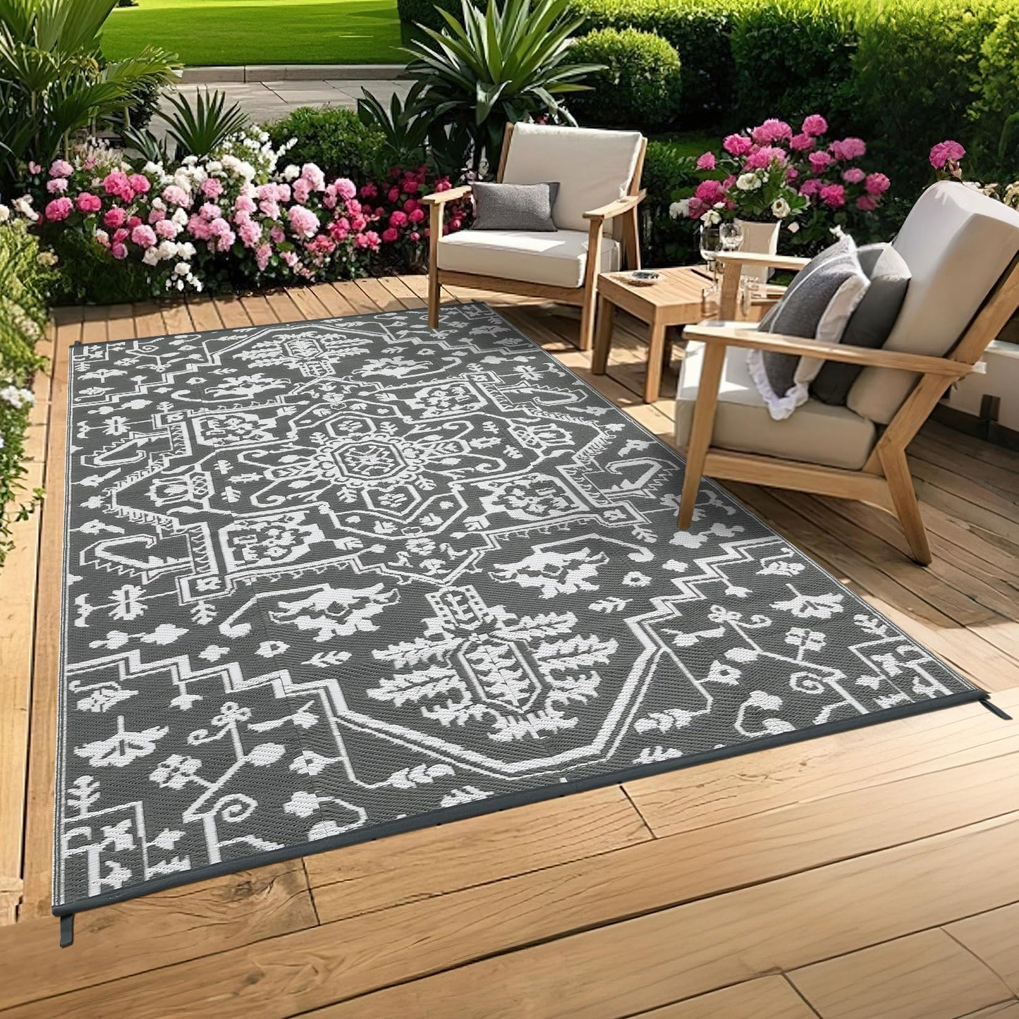 Jojoka Waterproof Reversible Outdoor Rug, Durable Plastic Straw Medallion Mat, UV-Resistant Easy Clean All-Weather Carpet for Patio, Backyard, Porch, Deck, Camping & RV