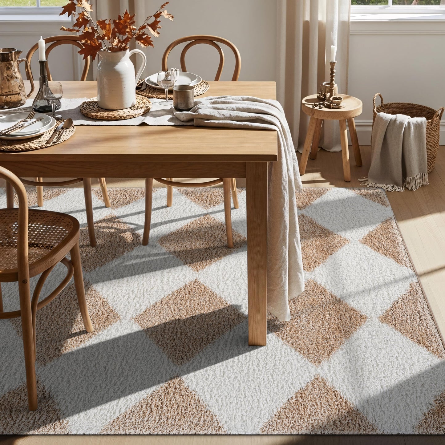 Rugshop Diamond Wave Shag Area Rug Beige 7' 10" x 10' Perfect for Large Living Rooms, Dining Areas, or Master Bedrooms