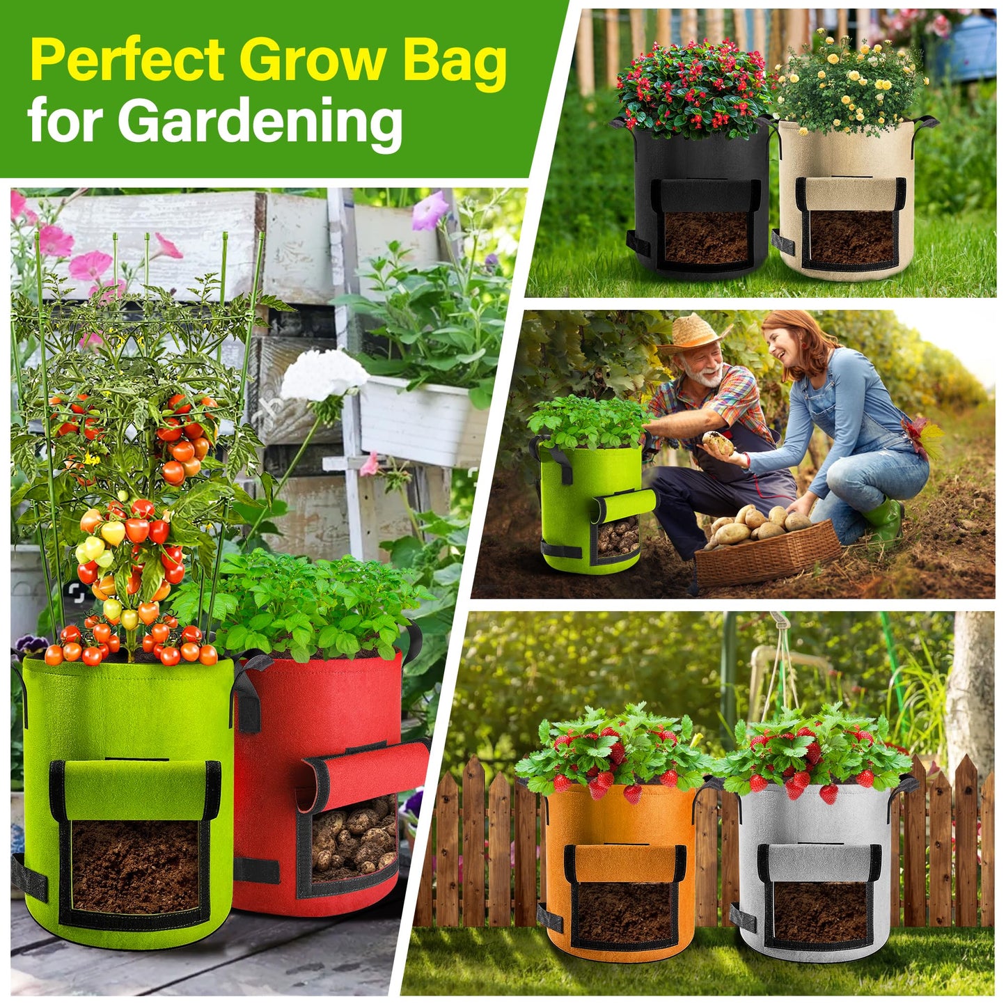 Suntee 6 Pack 15 Gallon Potato Grow Bags with Flap, Thickened Nonwoven Fabric Grow Bags for Growing Potatoes, Colorful Plant Grow Bags Pots Gardening Vegetable Potato Growing Bags with Durable Handles