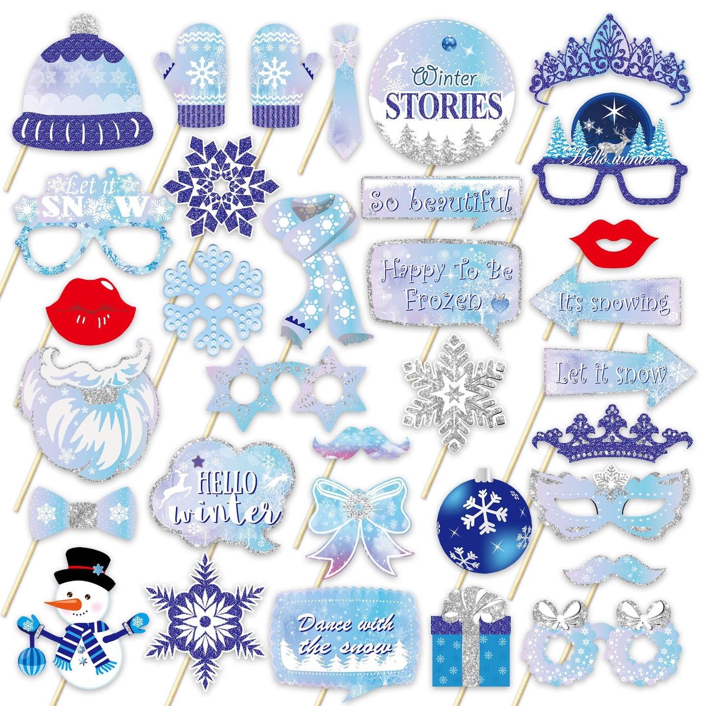 Winter Photo Booth Props - Set of 33 Winter Wonderland Party Decorations Christmas Photo Booth Props for Froze Party Holiday Party Supplies