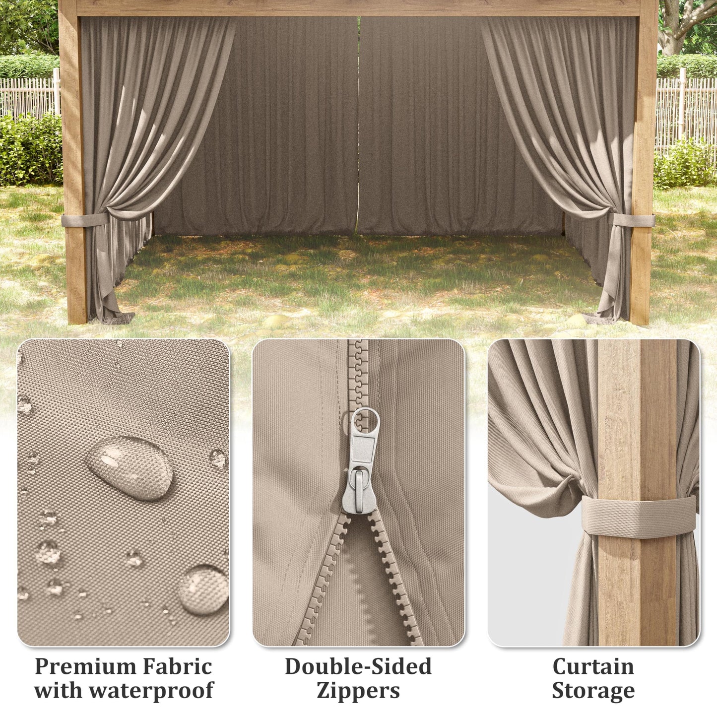 Tounosnt 4-Panel Gazebo Curtain, 12×12ft Waterproof Outdoor Privacy Panels with Zipper, Designed for Patio & Backyard Gazebo Tent (Curtain Only)
