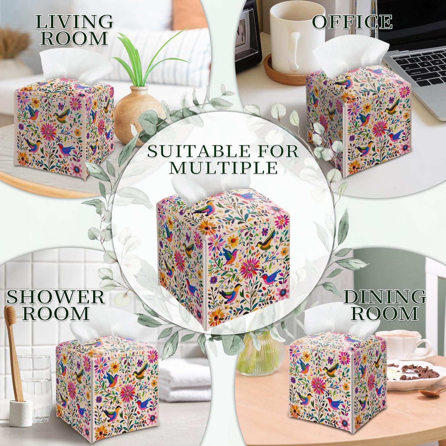 Floral Bird Tissue Box Holder, Scandinavian Leather Tissue Box Cover Square with Bottom Belt, Paper Napkins Everyday Dispenser for Bathroom Night Stands Kitchen Office Car Home Decor