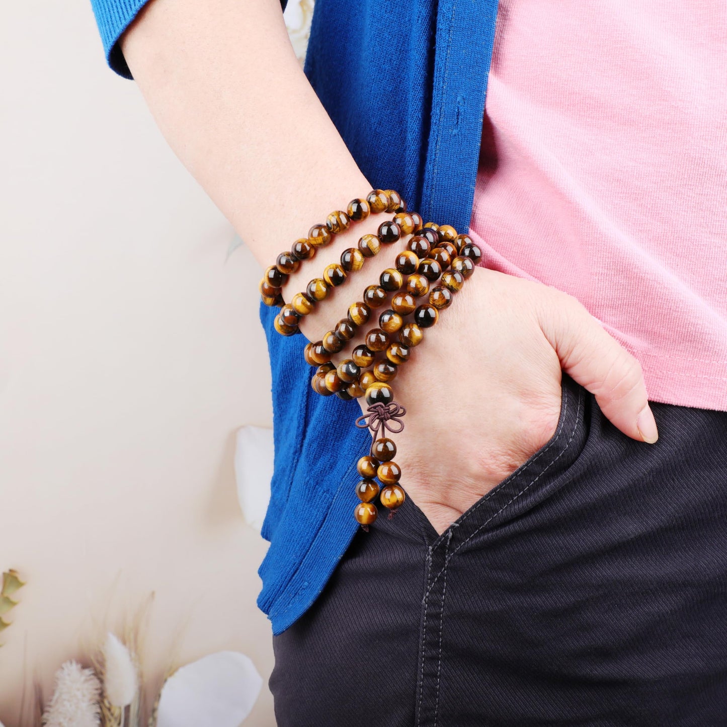 AD Beads 8mm 108 Prayer Mala Yellow Tiger's Eye Elastic Bracelet - Courage and Confidence - Handmade Yoga Meditation Healing Power Energy Gifts for Unisex Adult.