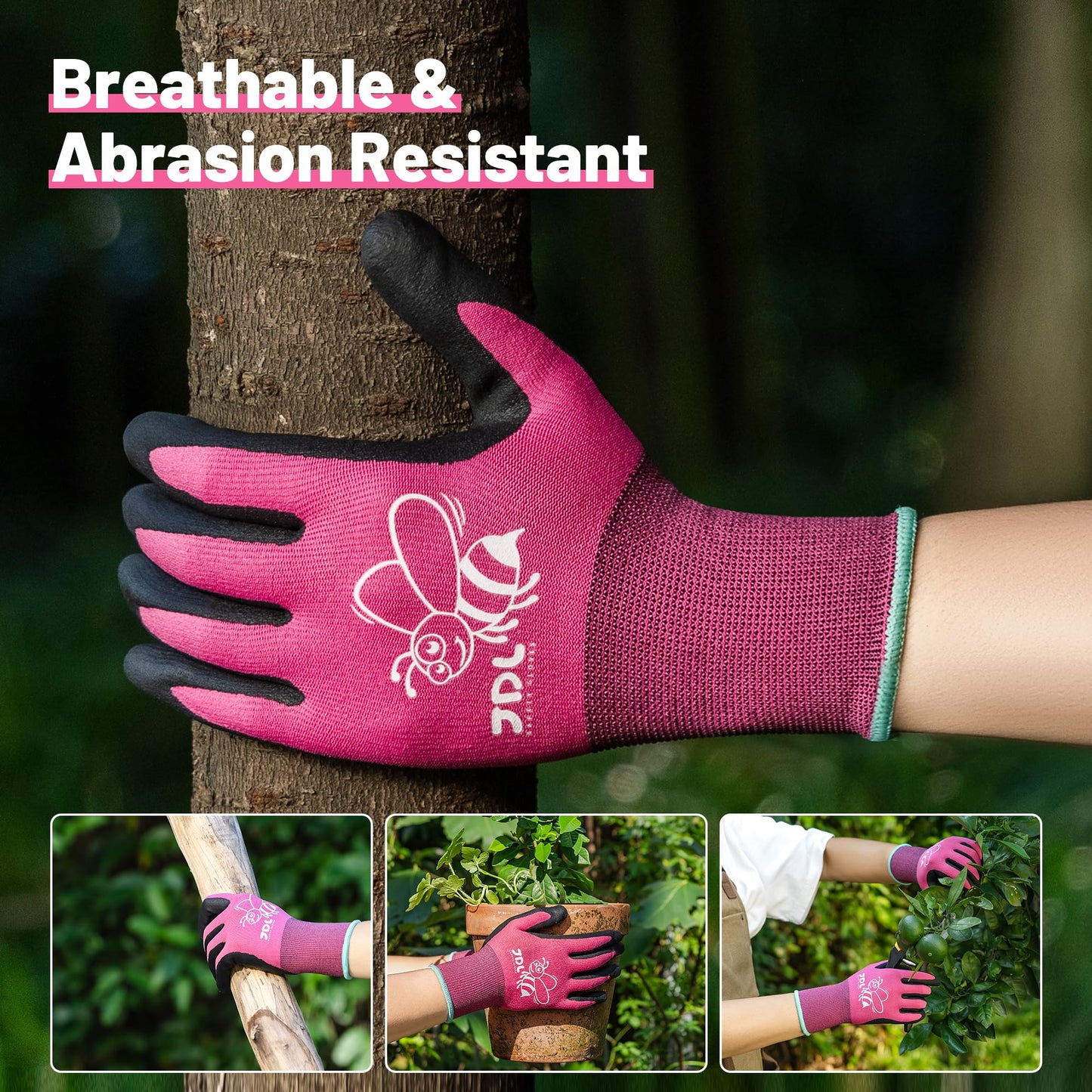 JDL 3 Pairs Nylon Nitrile Coated Gardening Gloves for Women, Touchscreen Yard Garden Gloves, Breathable Safety Work Gloves with Grip, Pink, Medium