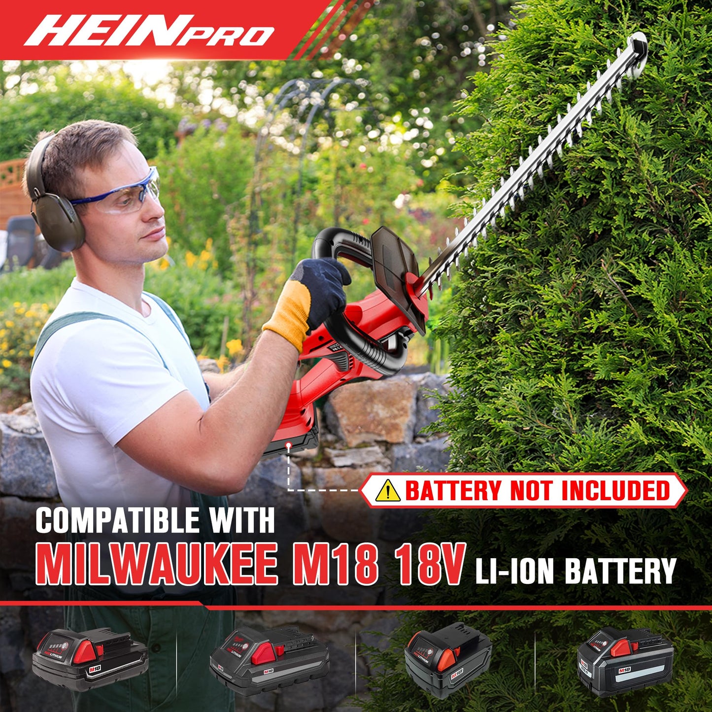 HEINPRO Cordless Hedge Trimmer 22-Inch Compatible with Milwaukee M18 18V Battery, Electric Hedge Trimmer Cordless, Bush Trimmers for Garden,Battery Powered Hedge Trimmers (Battery not Included)