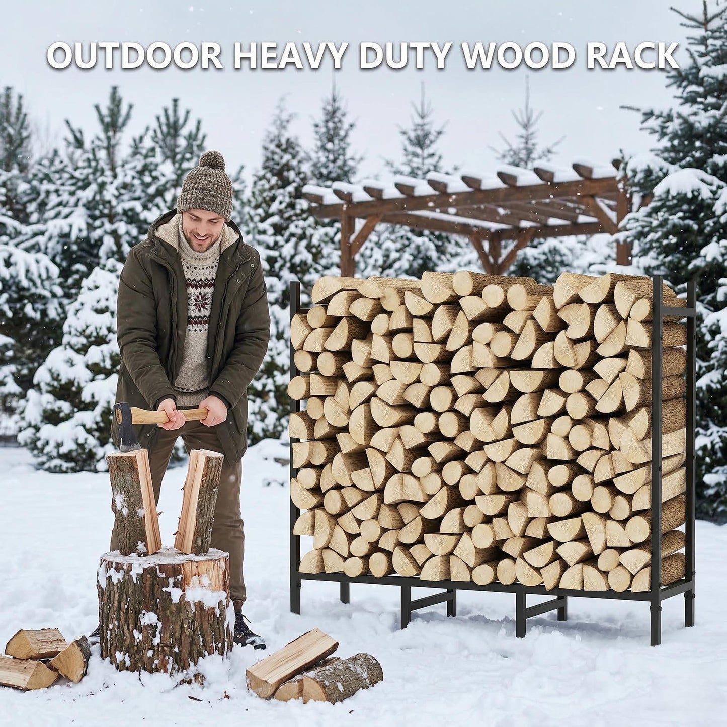CADUKE Firewood Rack Outdoor, Adjustable 4FT to 2.64FT Heavy Duty Wood Racks for Firewood, Metal Log Rack Wood Storage for Indoor Fireplace Patio, Black