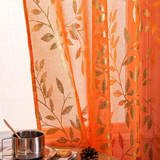 Deeprove Orange Burnt Sheer Curtains 84 inches Long 2 Panels for Bedroom Living Room, Abstract Metallic Gold Foil Vine Leaves Print Window Treatments Pair Set for Fall Halloween Decor, W52 x L84