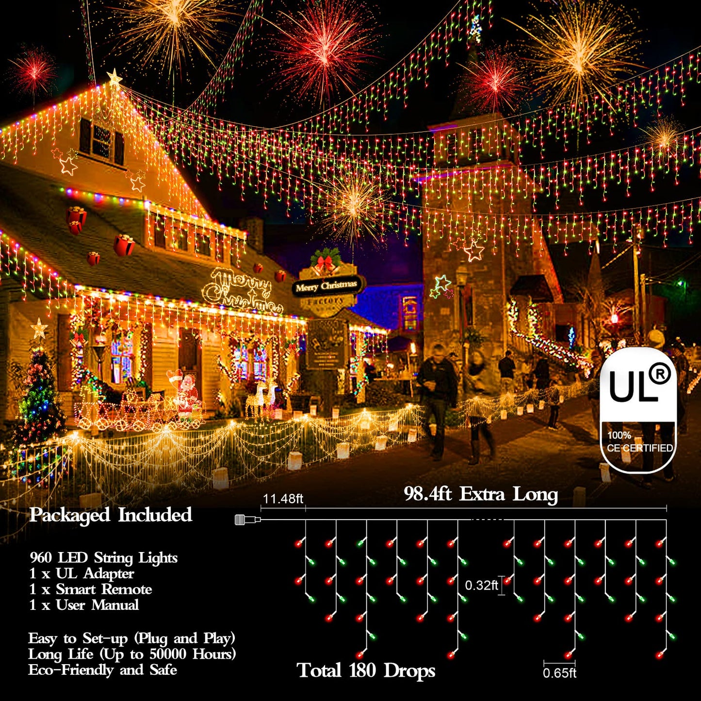 98FT 960 LED Christmas Lights , Waterproof 8 Modes Ice Lights for Outside with Memory and Timer Hanging Fairy Lights Plug-in Curtain String Lights for Holiday Party Wedding Home (Red and Green)
