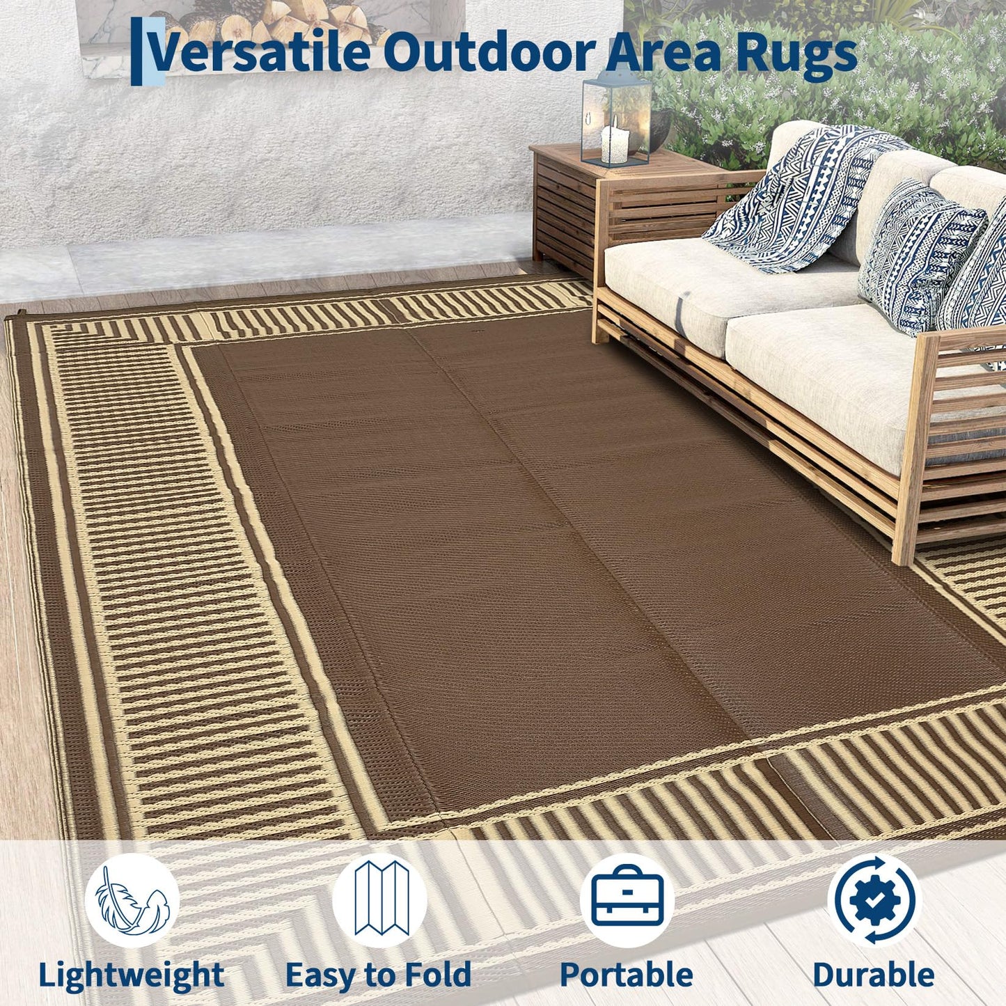 IDEALHOUSE Outdoor Rug 10'x20' Reversible Portable Lightweight Waterproof UV Resistant Plastic Straw Patio Mat for RV Camping Picnic Deck Backyard Peony Brown