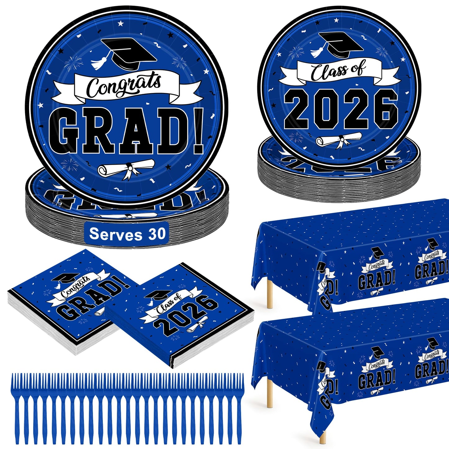 122 Pcs 2026 Graduation Decorations Serves 30, Graduation Party Plates and Napkins Set, Disposable Class of 2026 Grad Decorations, Blue Congrats Grad Paper Dinnerware Table Decor for Party