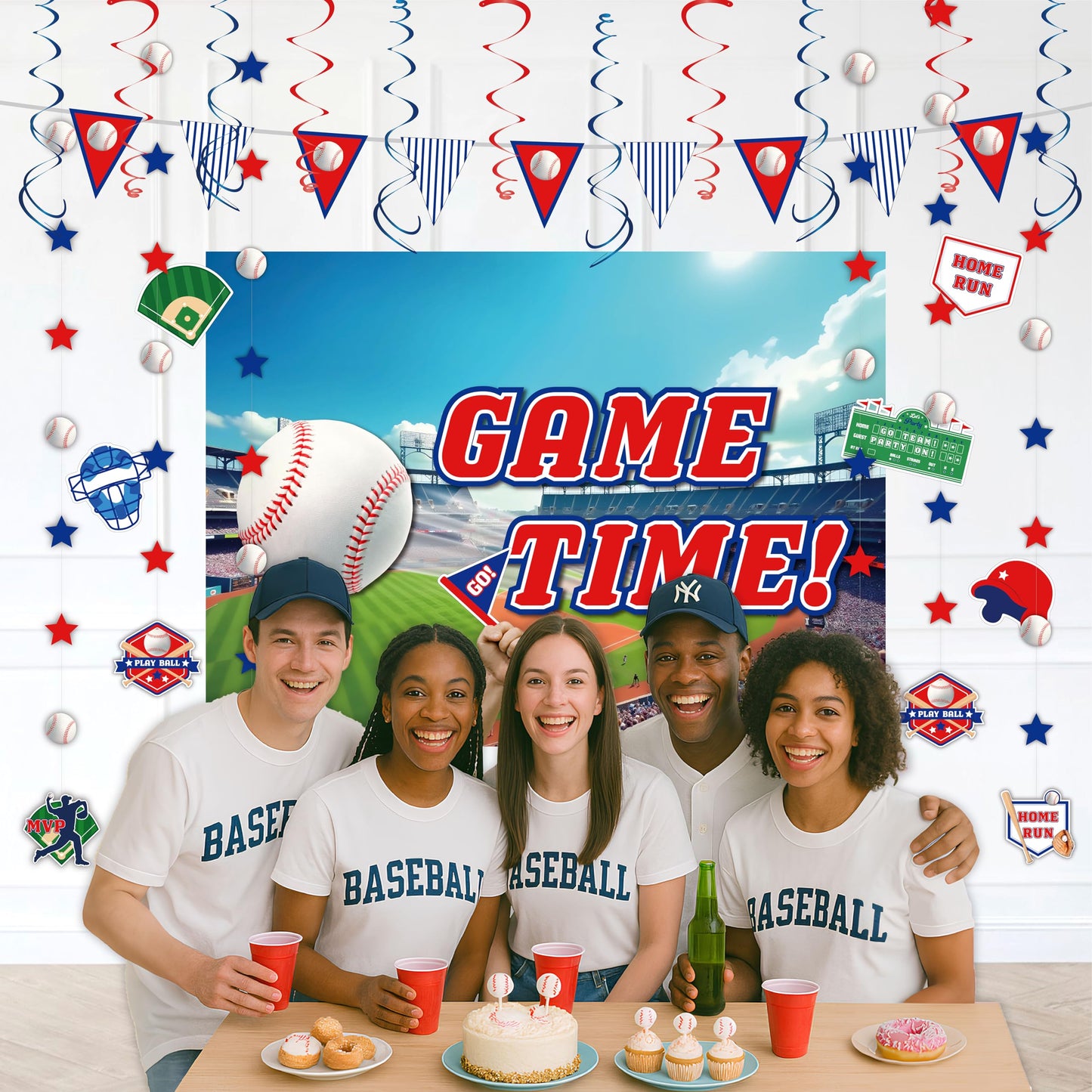 HonuGoGo Baseball Party Decorations, 33PCS Set with Game Time Backdrop, Paper Banners, Hanging Swirls and Cutouts, Red Blue White Baseball Themed Decor for Sport Events and Birthday Celebrations