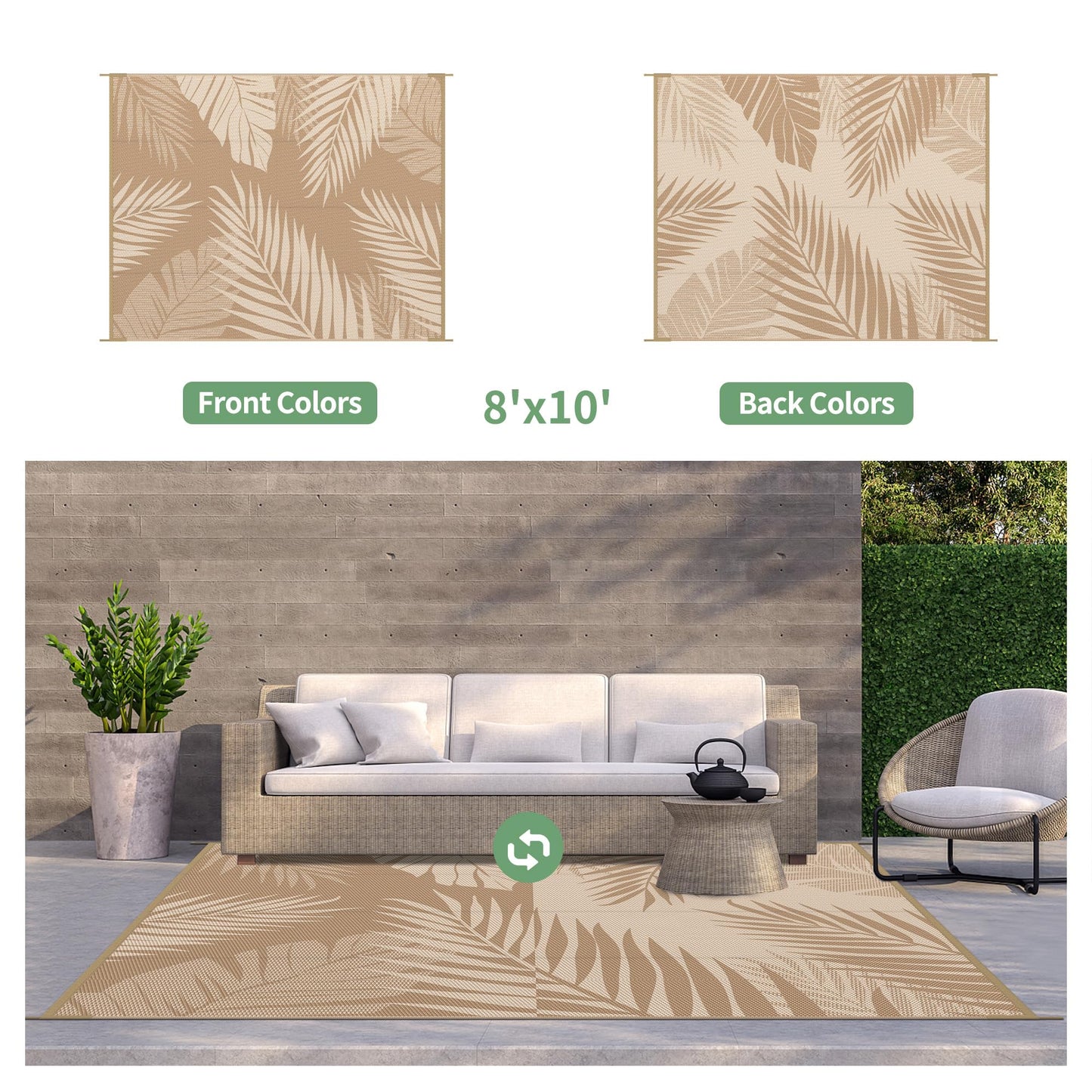 GENIMO Outdoor Rug 8' x 10' Waterproof for Patios Clearance, Reversible Outdoor Plastic Straw Camping Rug Carpet, Large Area Rugs Mats for RV, Camper, Deck, Balcony, Porch, Beach, Picnic, Brown&Beige
