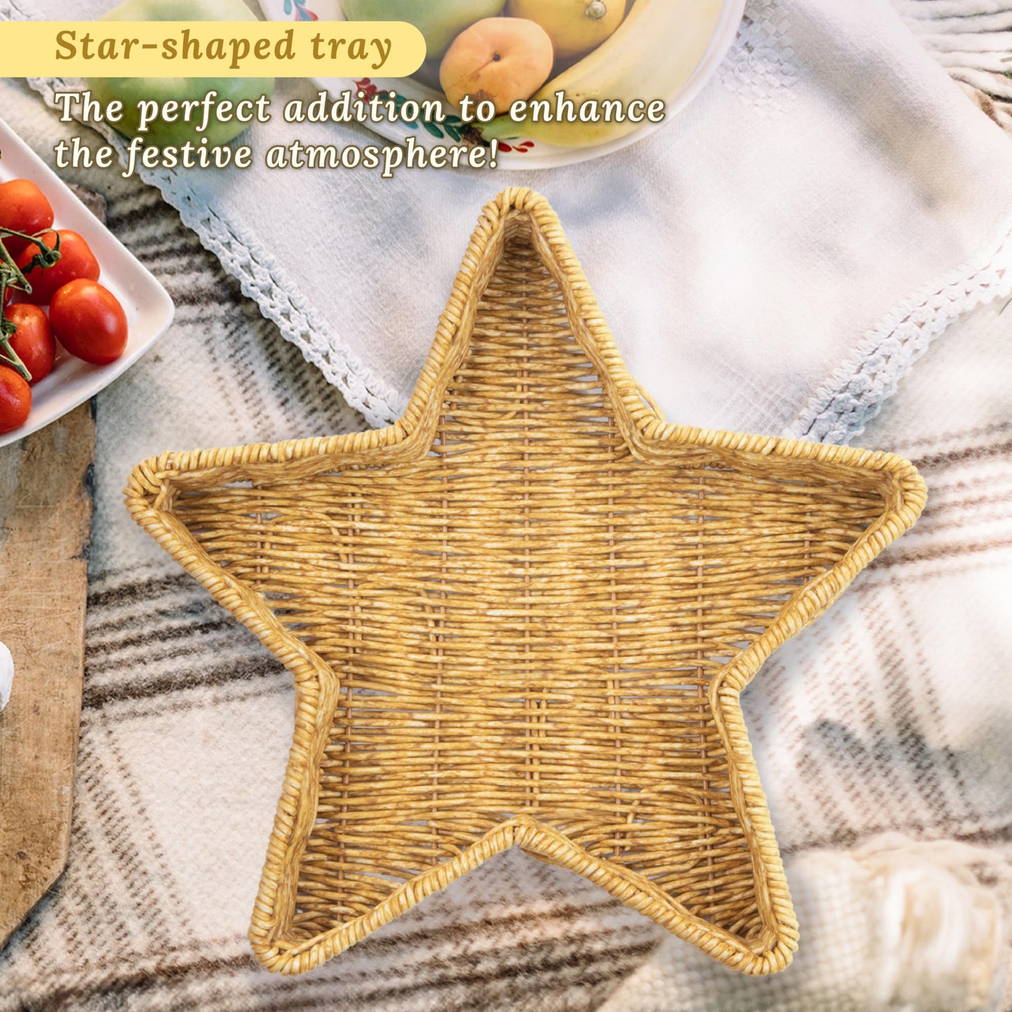 WeeNest Star Wicker Basket, Rattan Basket, Decorative Basket, Star Plates, Woven Basket for Gifts, Christmas Stars, Christmas Serving Dishes and Platters, Oat milk, Resin Wicker Set of 2