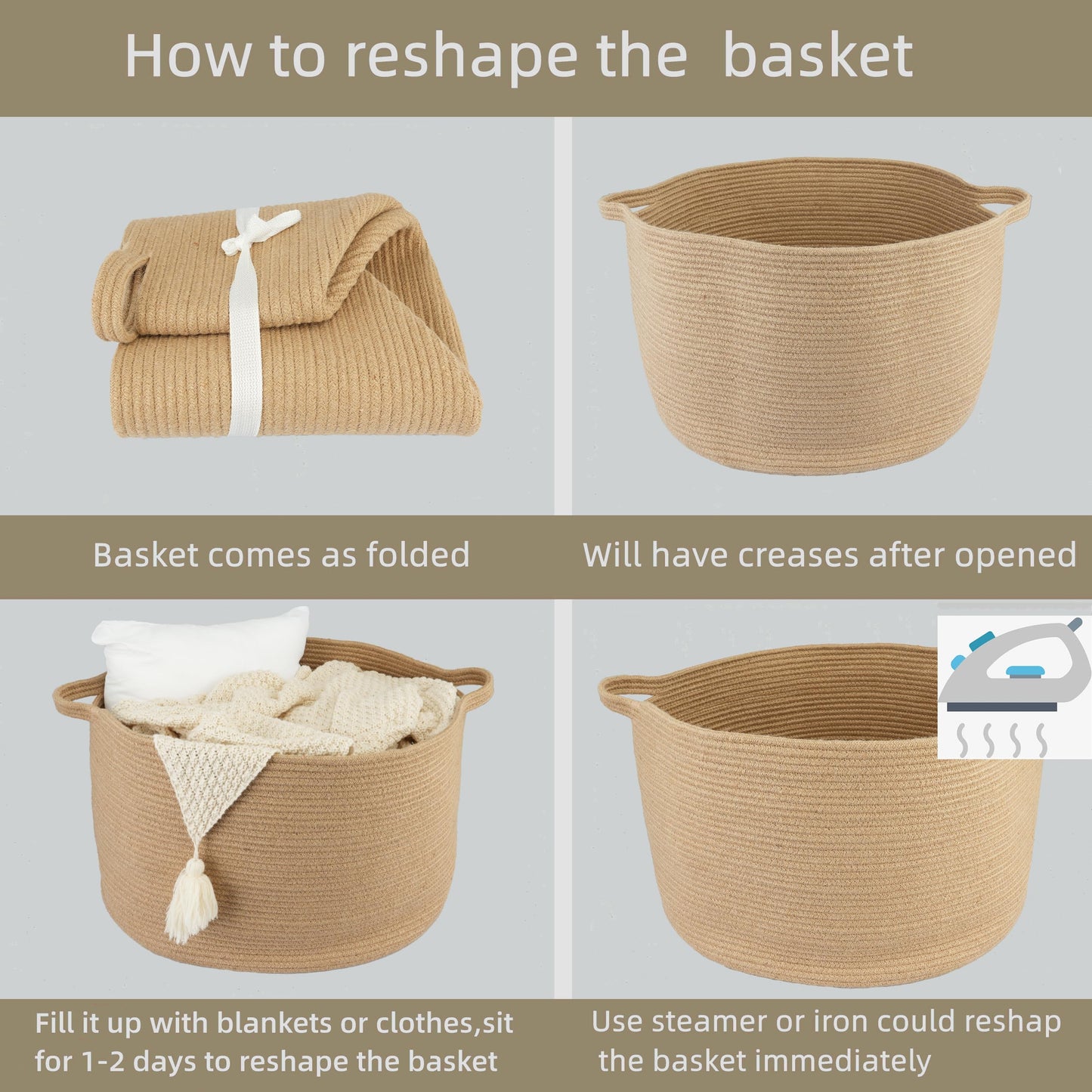 XUANGUO Extra Large Jute Rope Storage Basket Blankets Basket Living Room 22"x12" Toy Baskets for Kids and Dogs Woven Laundry Baskets for Clothes Towels Baby Toy Storage