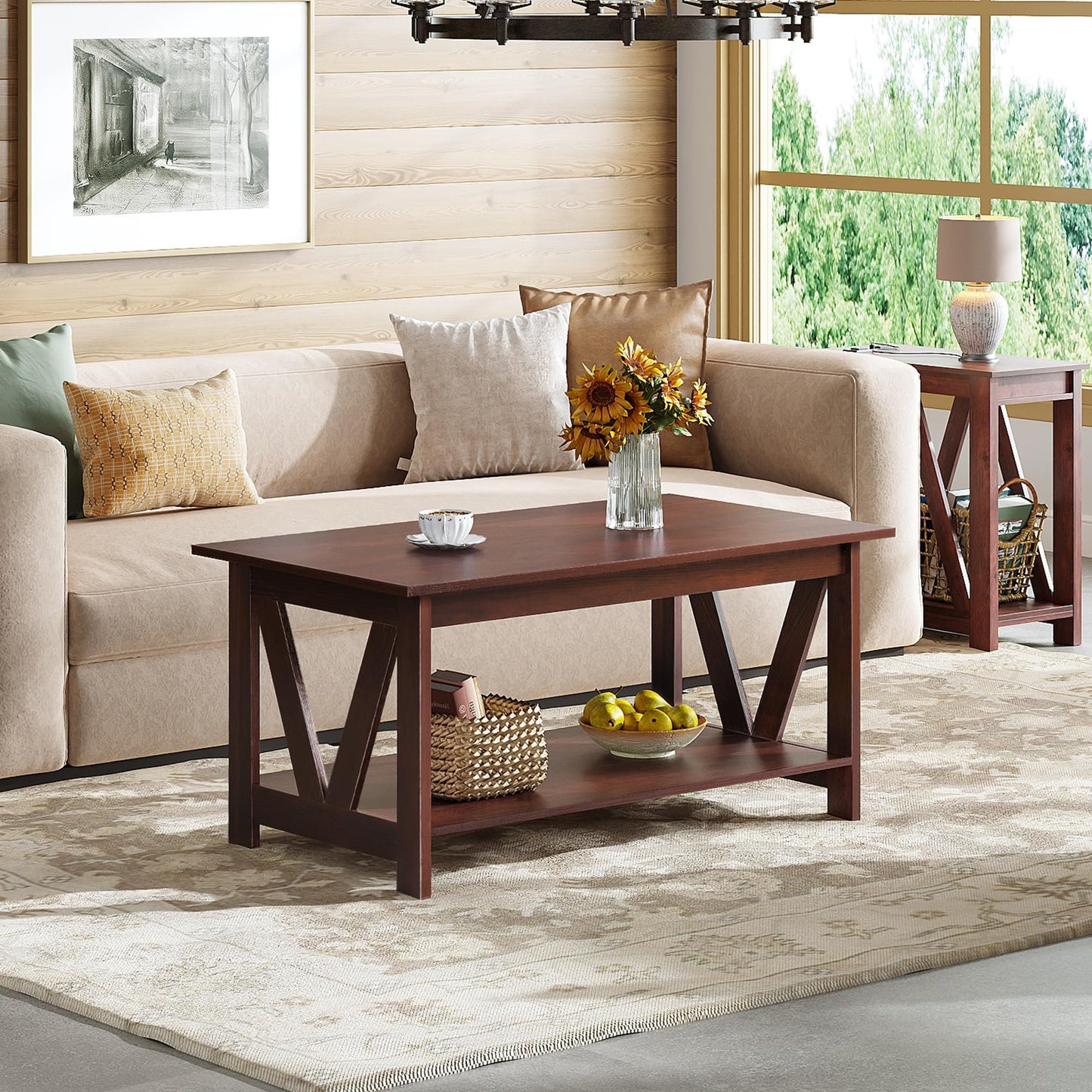 WLIVE Coffee Table with Storage Shelf, 39.4" Farmhouse Coffee Table with V-Frame Support, 2-Tier Wood Rustic Center Table for Living Room, Bedroom & Balcony, Espresso