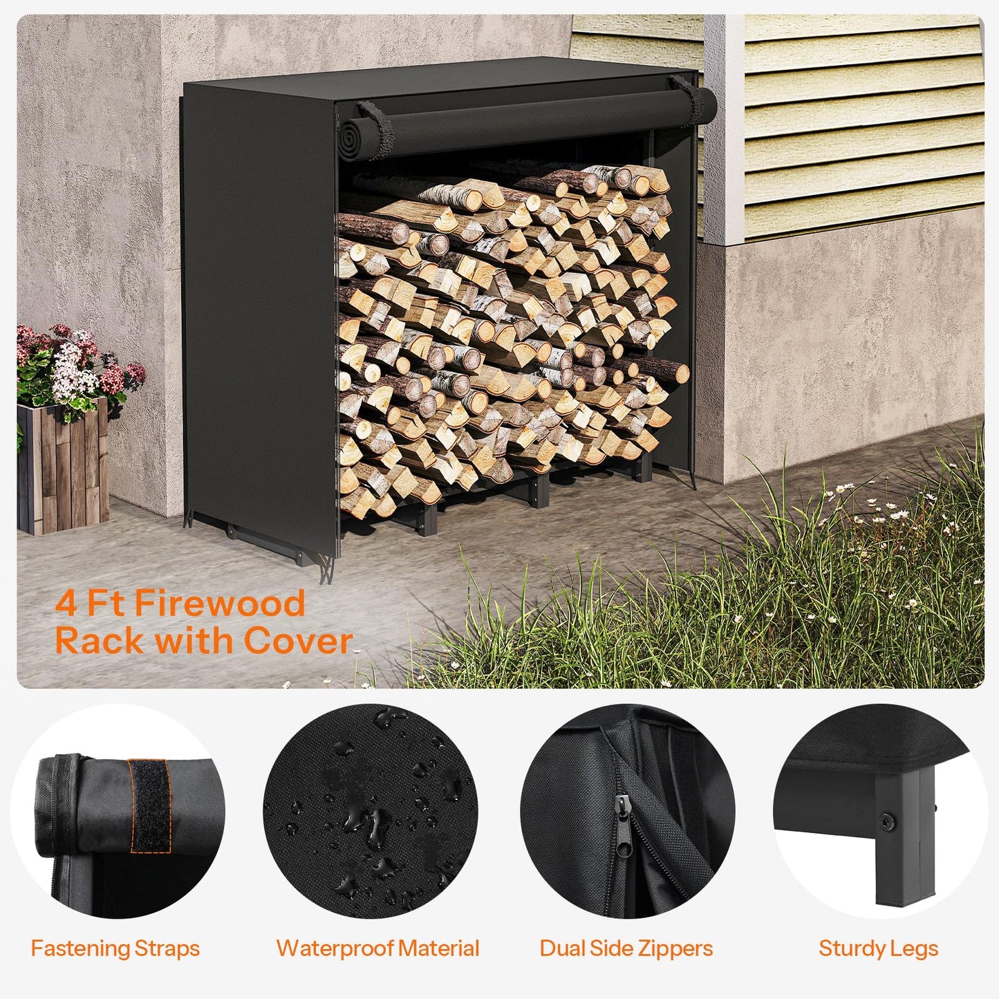 HOOBRO 4FT Firewood Rack with Cover, Outdoor Firewood Log Rack, Adjustable Log Holder with Waterproof Cover, Fireplace Wood Storage, Heavy Duty Wood Holder, for Indoor and Outdoor, Black BB01CH02