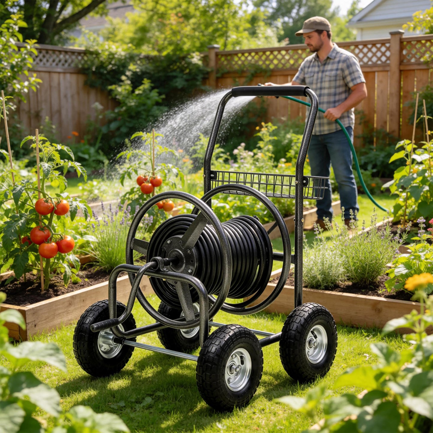 Autodaya Garden Water Hose Reel Cart - 250 ft. Capacity, 10" Pneumatic Tires, Powder-Coated Steel Frame for Tangle-Free Garden Hose Storage