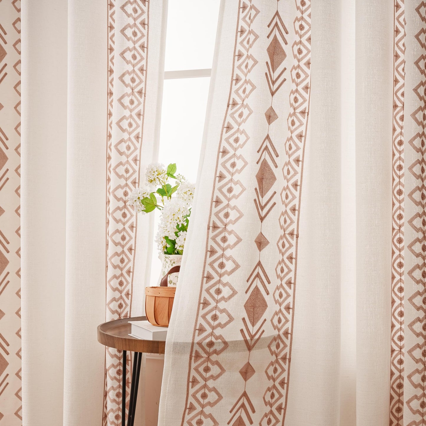 LOHUT Beige Boho Curtains 2 Panels for Bedroom 84 Inches Long Linen Embroidered Drapes for Living Room Farmhouse Geometric Light Filtering Grommet Window Treatment 55x84 Inch, Taupe On Beige