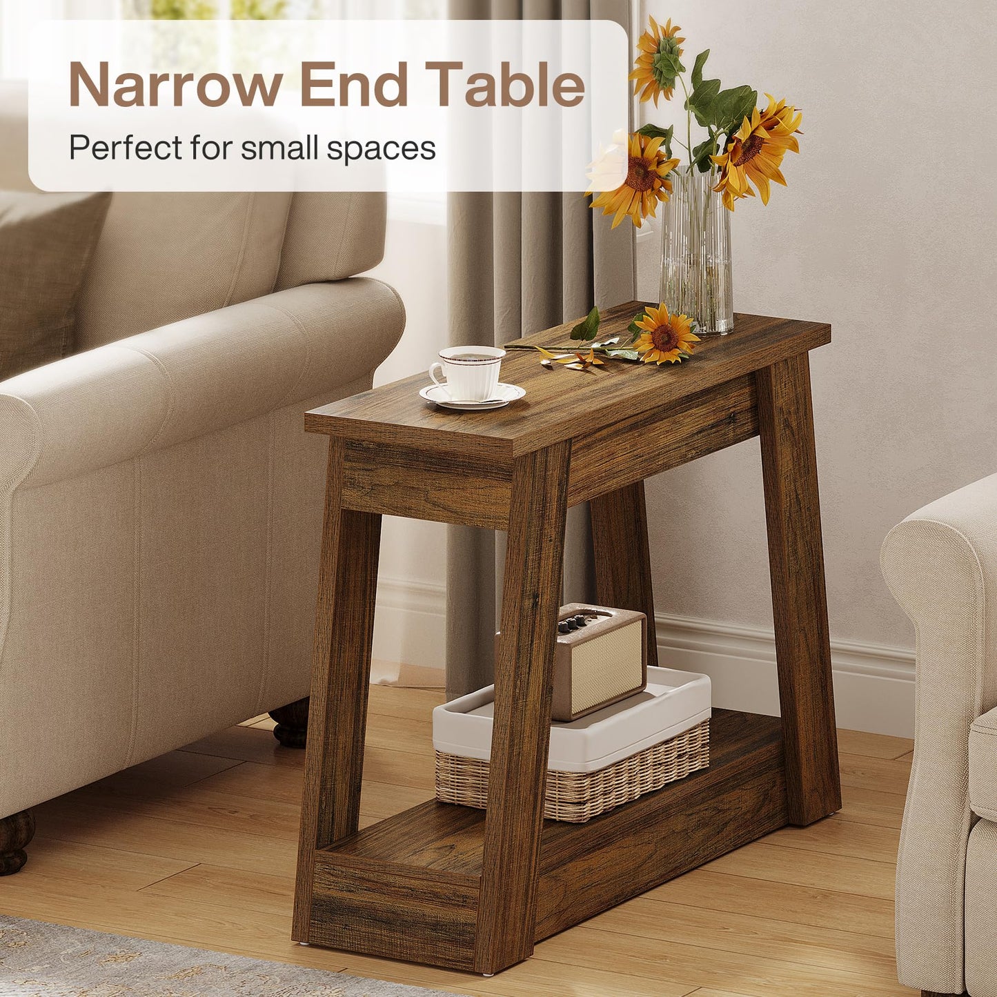 Tribesigns Wood End Table, Small Side Table with 2 Storage Shelves, Rustic Accent Narrow Nightstand for Living Room, Bedroom (1, Rustic Brown)