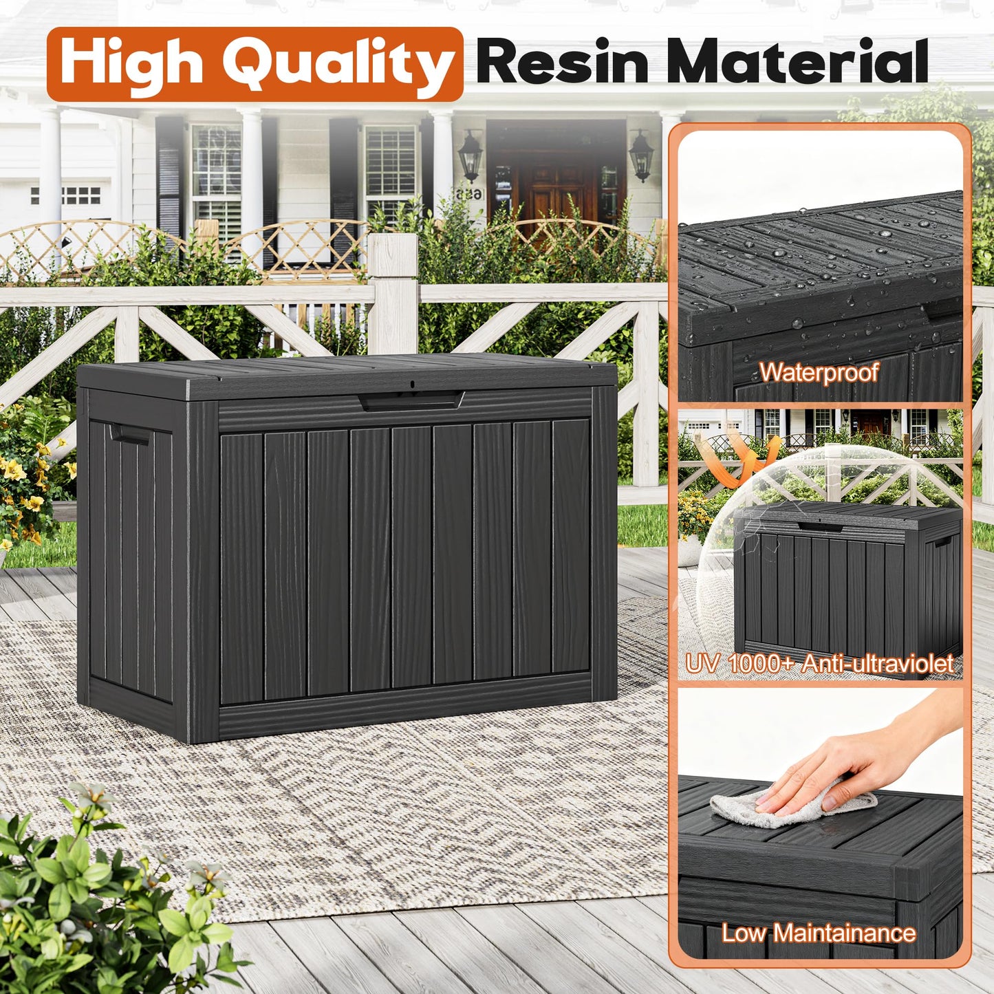 NBYSGO Outdoor Storage Box, Resin Deck Boxes Indoor and outdoor, Waterproof Storage Box Lockable Lid (Black, 45 Gallon)