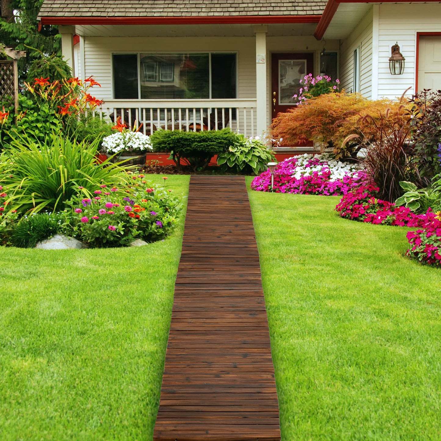 Spurgehom 8FT Wooden Garden Pathway Straight Outdoor Walkway Roll Out Cedar Wood Patio Flooring Path Decorative Lawn Patio Pavers Boardwalk Beach Wedding Party (Brown)