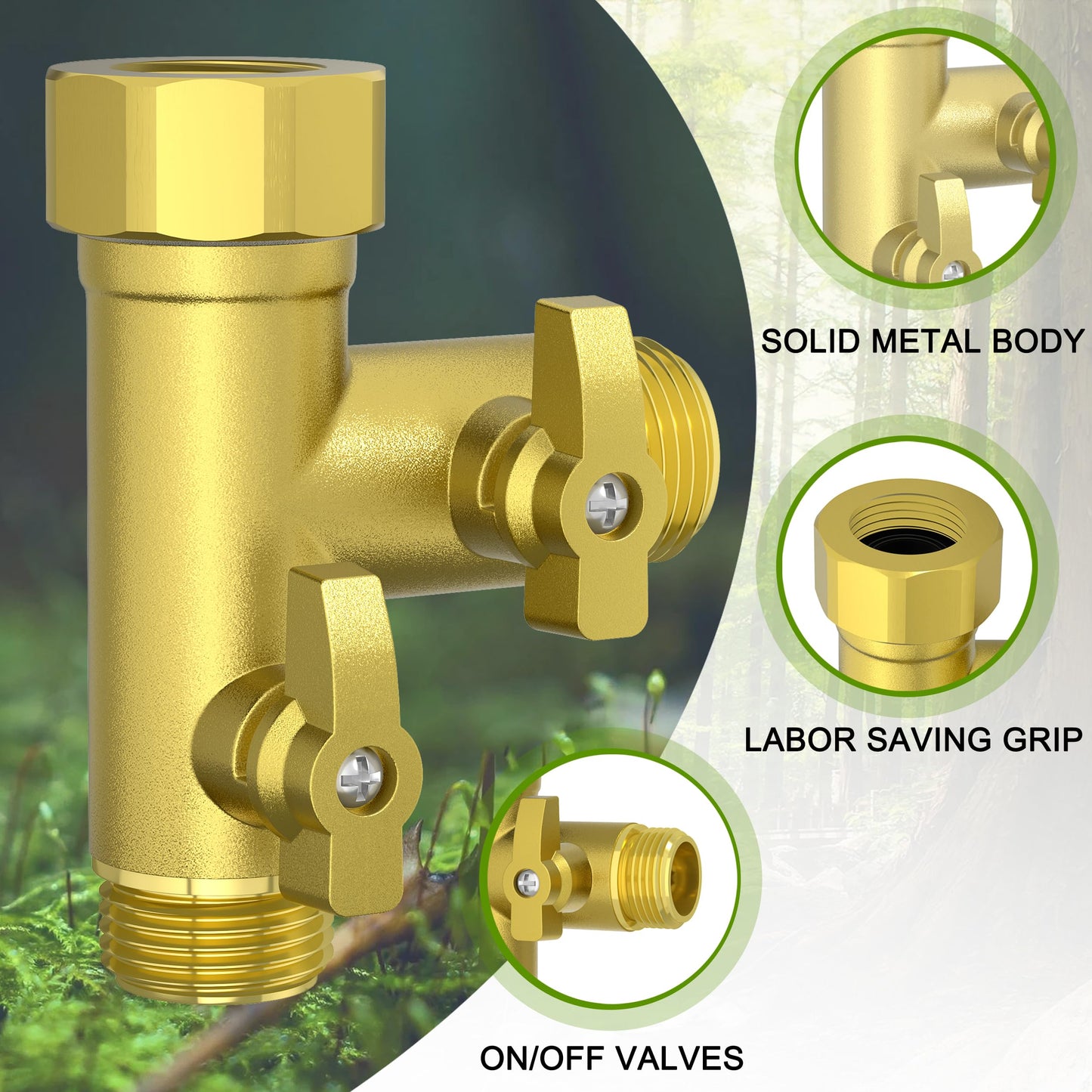SANTONG High Flow Solid Metal 2 Way ├ Type Garden Hose Splitter with Shut-Off Valves, 360 Degree Rotation 3/4" Spigot Faucet Connectors with 2 Extra Silicone Washers