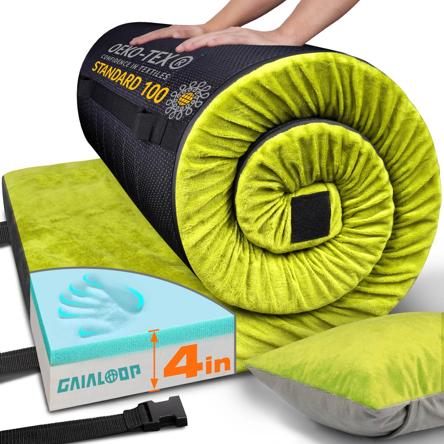 GAIALOOP 4 INCH Thick Memory Foam Camping Mattress, Roll Up Floor Sleeping Mat Camp Cot Mattress Pad Travel Camping Couch Bed for Guest Adults Side Sleepers [Single:75 * 30 * 4"]