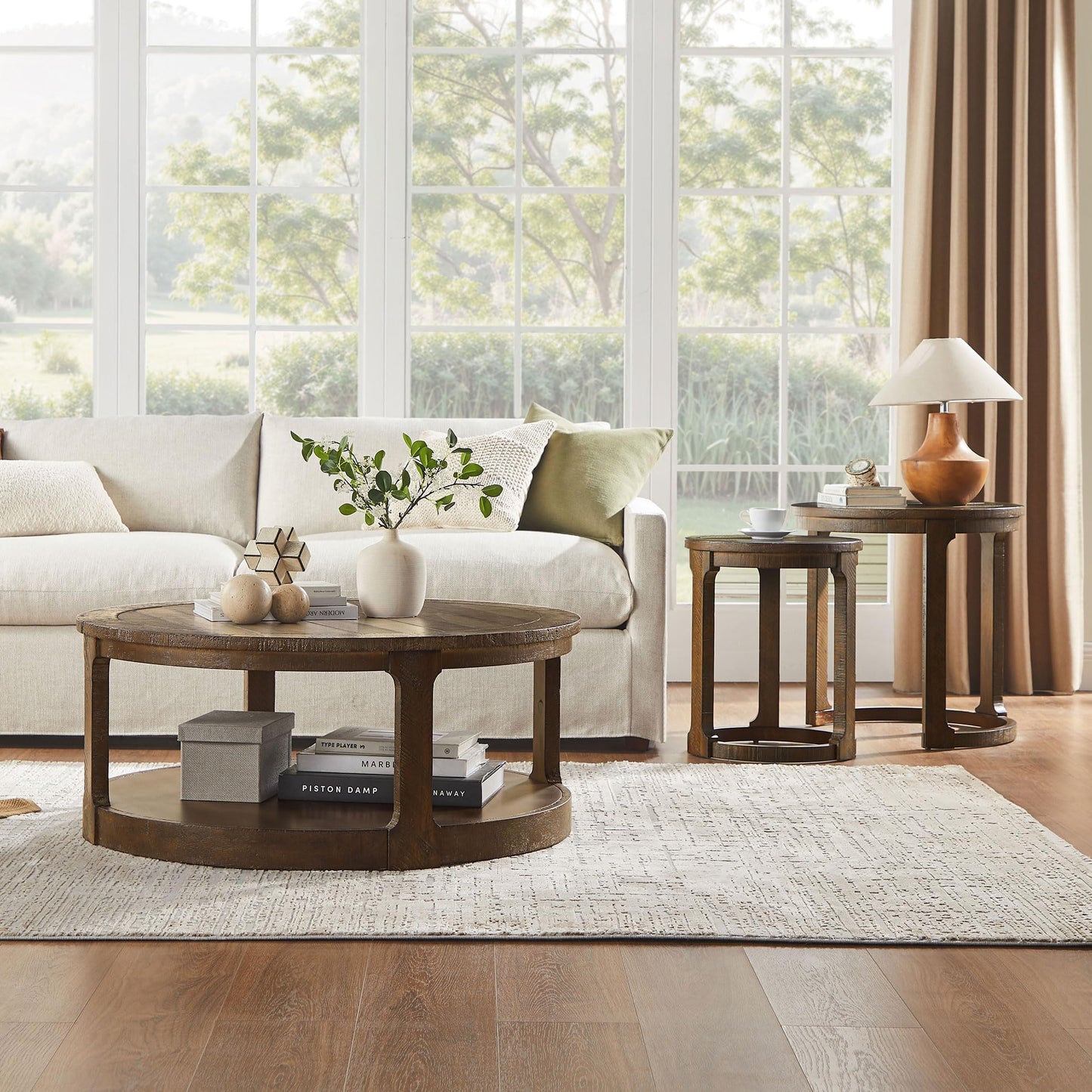 WILLIAMSPACE 24" Round Nesting Coffee Table Set of 2, Solid Wood Coffee Tables Mid Century Rustic Farmhouse Side End Tea Table for Living Room, Apartment (Drak Brown)