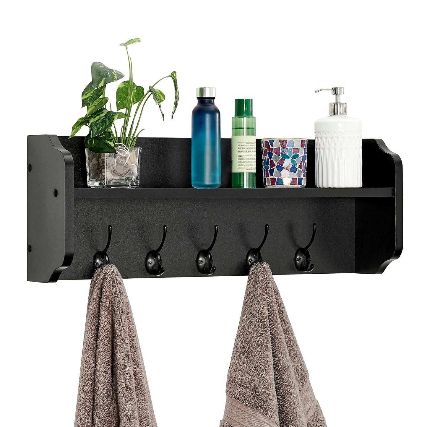 Danya B. Entryway Floating Utility Wall Shelf with Hooks – Wall Mounted (Black)