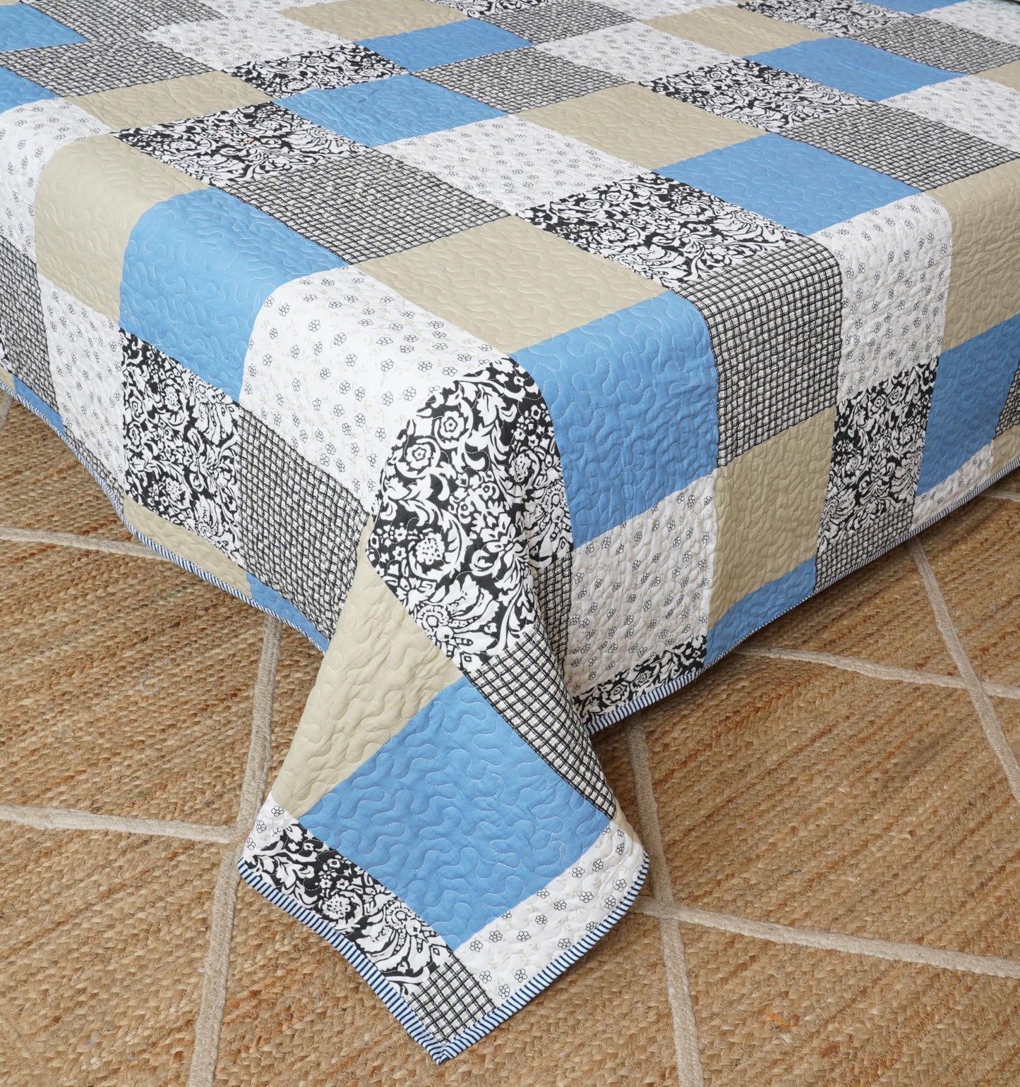 Sifyum Handmade 100% Cotton Quilted Throw Blanket (50x60) – Reversible Patchwork Kids Dohar & Adult Indian Quilt (Blue Patch, Baby Size Throw)
