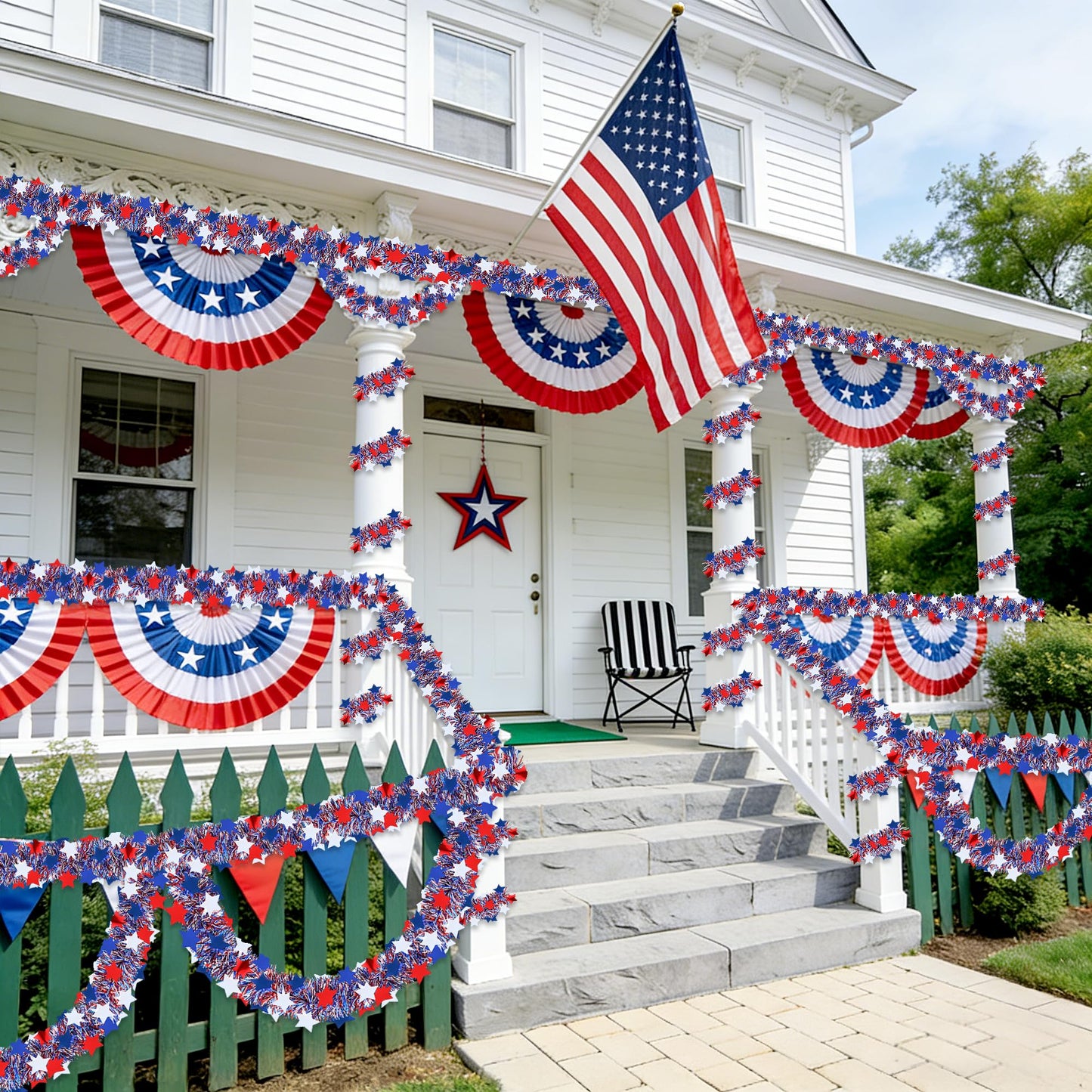 50FT Patriotic Tinsel Garland 4th of July Decorations, Fourth of July Red White and Blue Metallic Garland with Stars for July 4th Independence Day Memorial Day Home Indoor Outdoor Decor