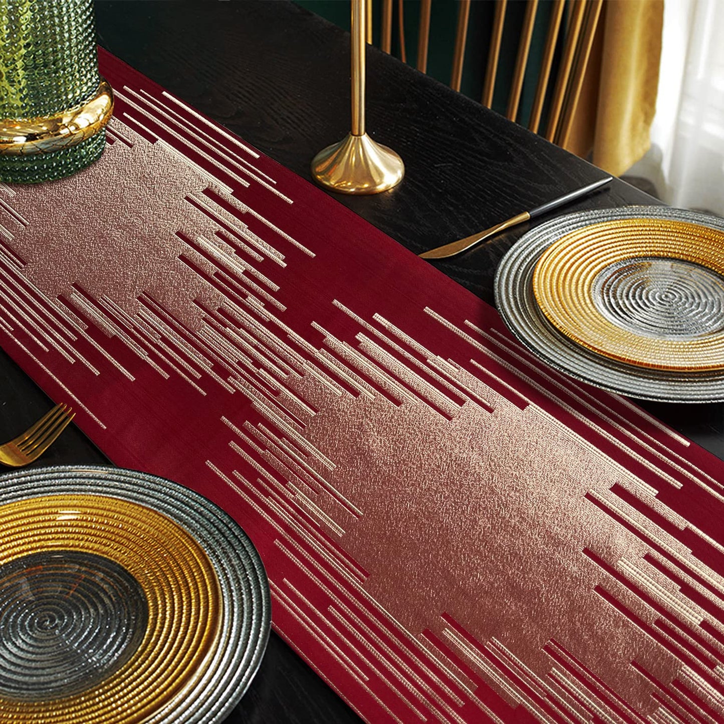Fullony Luxury Christmas Red Table Runner 72 Inches Long Abstract Geometry Embroidery Pattern with Handmade Tassels Thick Fabric for Home Living Room Bedroom Dinner Room Art Decor Christmas