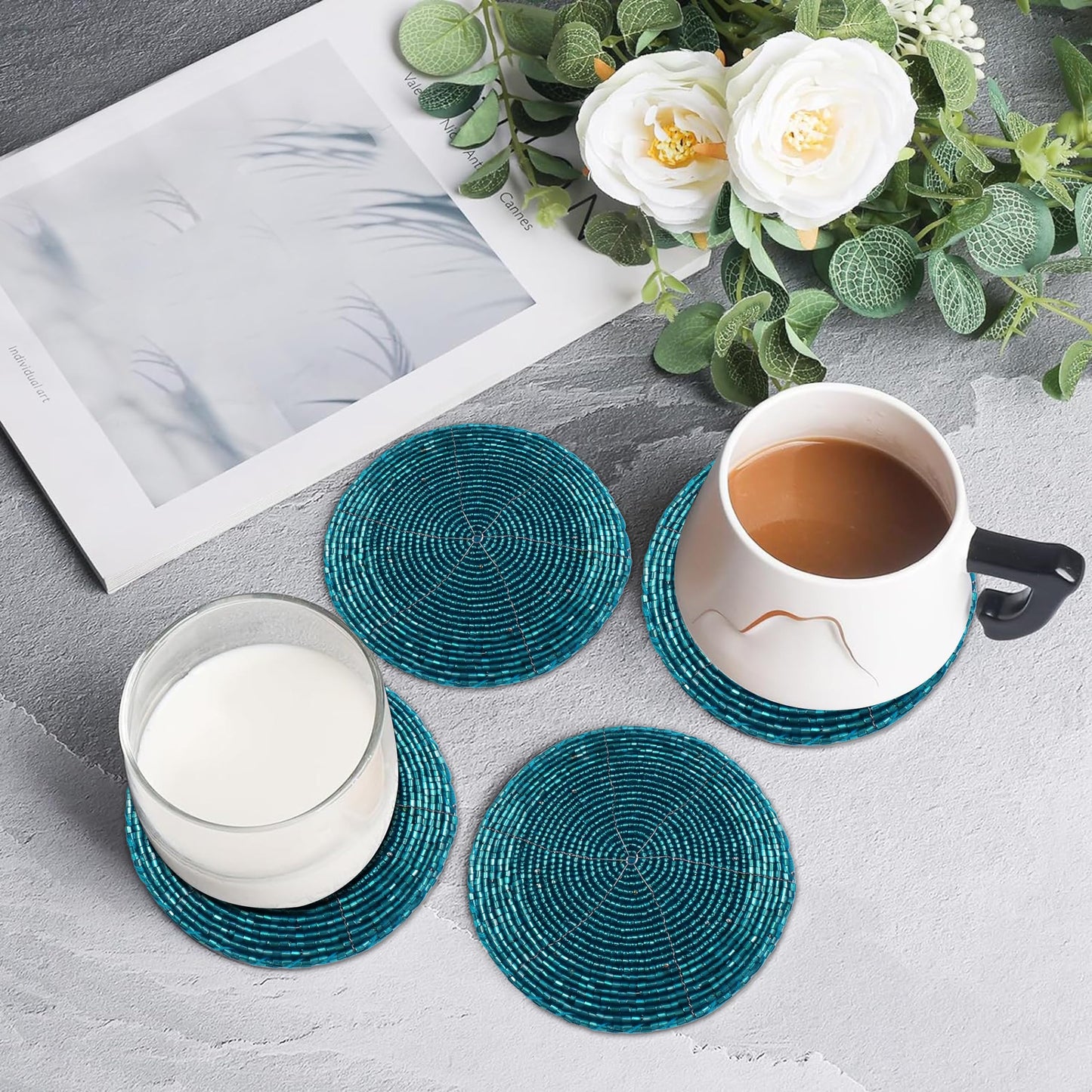 Handmade Beaded Coasters Set of 6, Teal Blue Circular Pattern Decorative Drink Coasters for Coffee Table, Dining Room Table, Wedding Party, Birthday Gift - 4 Inch - Teal