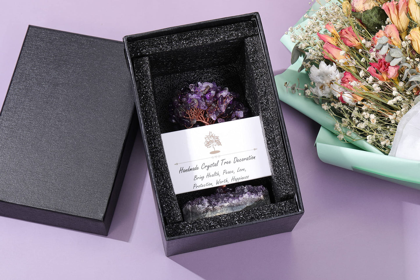 Jovivi Natural Amethyst Healing Crystal Money Tree on Amethyst Cluster Geode Druzy Base Feng Shui Crystals for Home Office Desk Decorations, Wealth, Good Luck