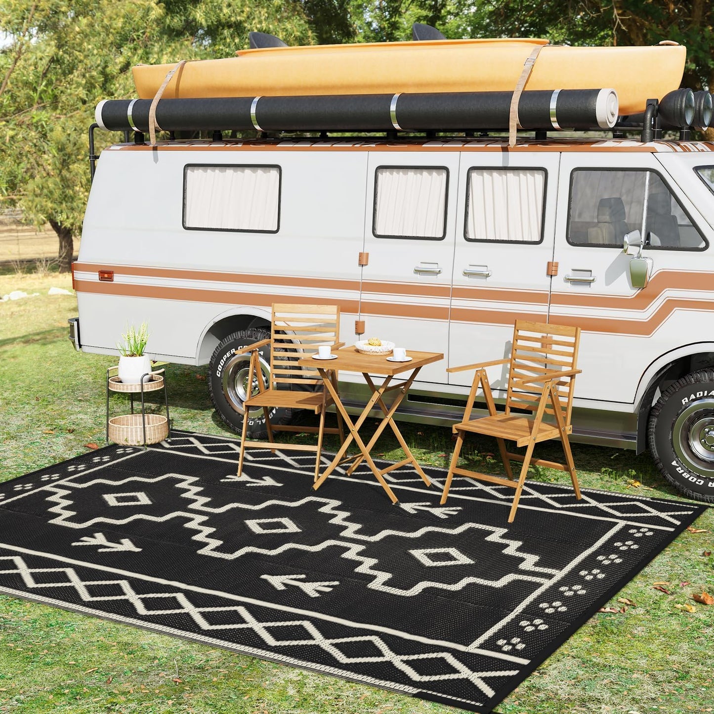 Uphome Outdoor Rugs 8x10 Waterproof, Reversible Black Boho RV Camping Rug, Patio Plastic Straw Outside Rug, Large Foldable Outdoor Mat Carpet for Backyard Deck Pool Balcony Picnic Beach, 8'x10'