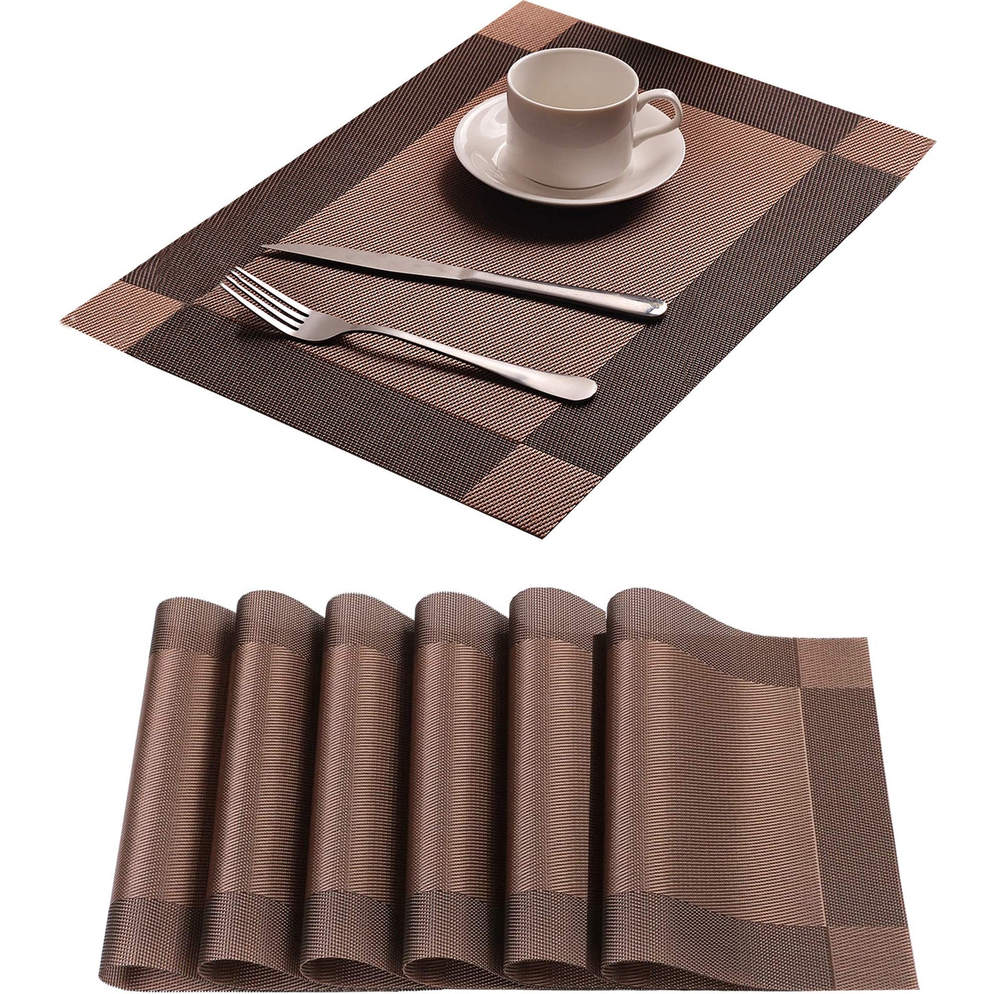 Yiaizhuo Table Placemats Dining Table Place Mats Set of 6 Heat Resistant Insulation Non-Slip Vinyl for Kitchen Dining Room 18" * 12" Brown