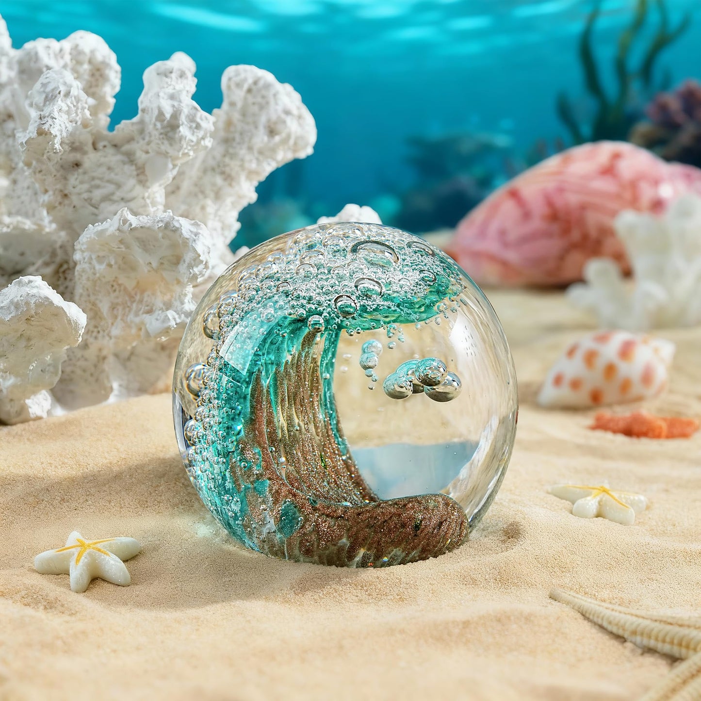 Hand Blown Glass Ocean Wave Ball, 2.3" Blue Sea Wave Crystal Figurine Paperweight, Decorative Glass Sphere Ornament for Home Office, Nautical Decor Collectible, Birthday Gift for Ocean Lovers