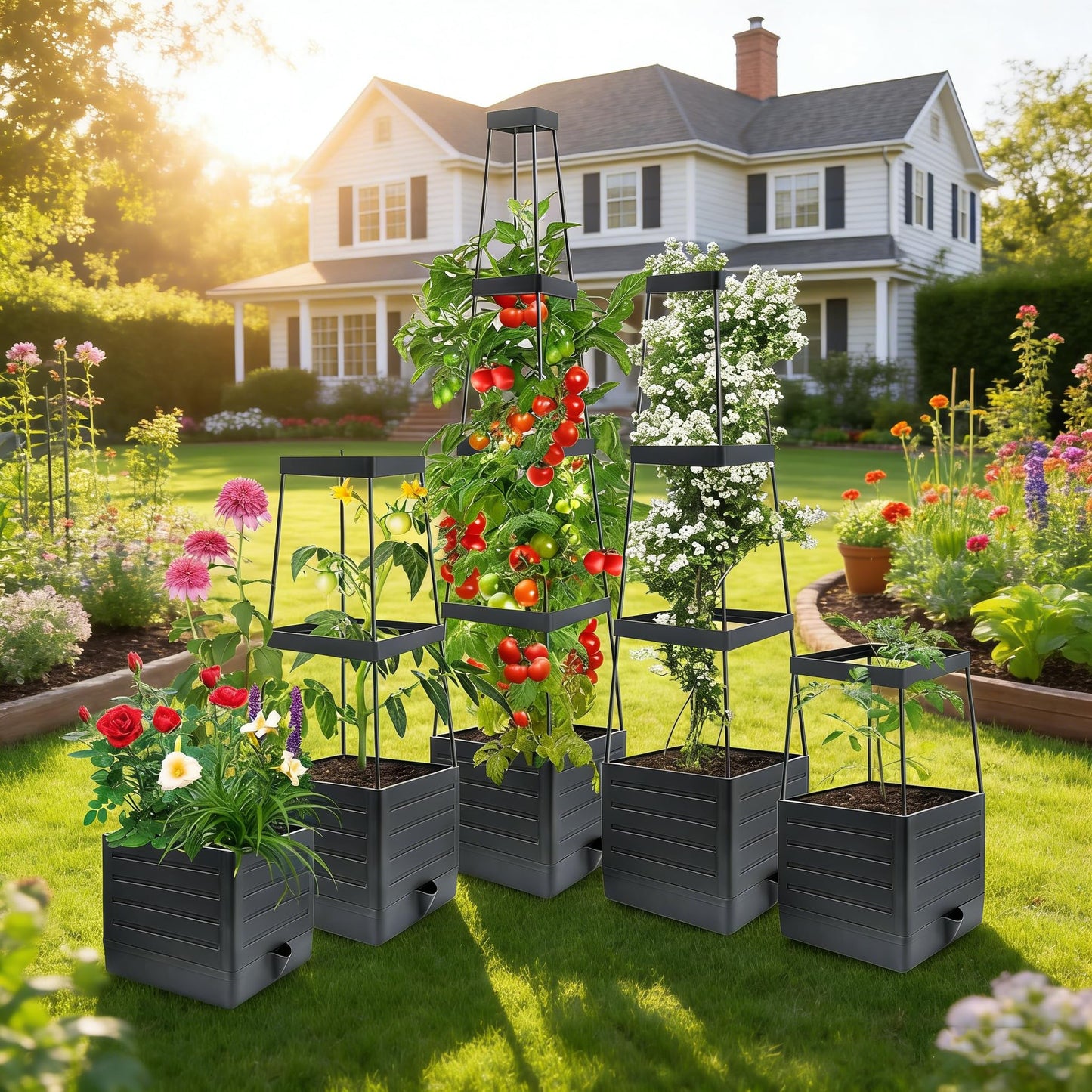 MQUPIN Tomato Planter Box with Trellis for Garden, 57 Inch Self-Watering Raised Garden Bed, Patio Tomato Cage for Climbing Vegetables & Flowers, Upgraded Tomato Pot for Indoor Outdoor Use (2 Pack)