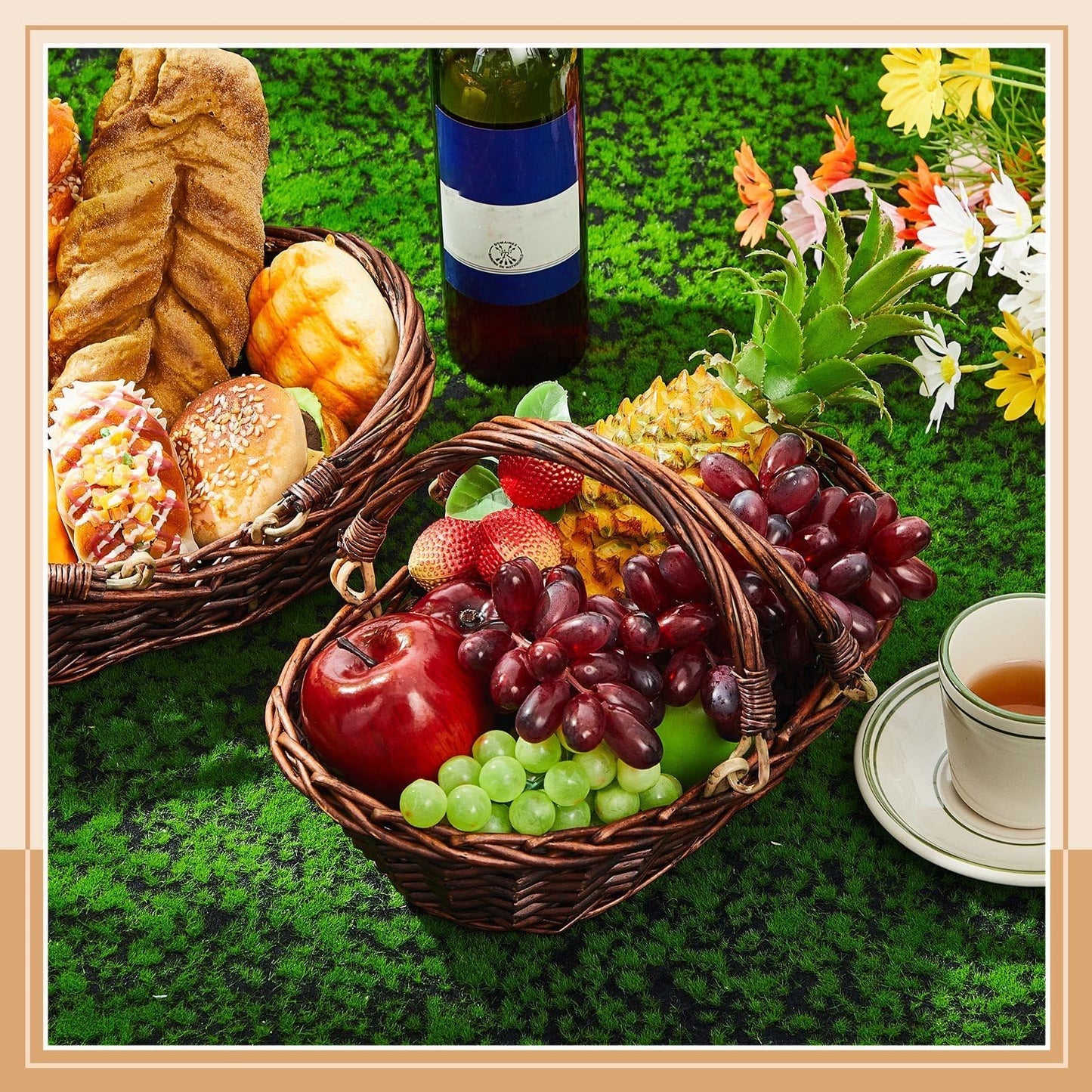 Sintuff 6 Pcs Wicker Picnic Basket with Handle Garden Harvest Empty Easter Eggs and Candy Basket Oval Willow Woven Storage for Organizing, Fruit Egg Storage Gathering Wedding Gifts (Dark Brown)